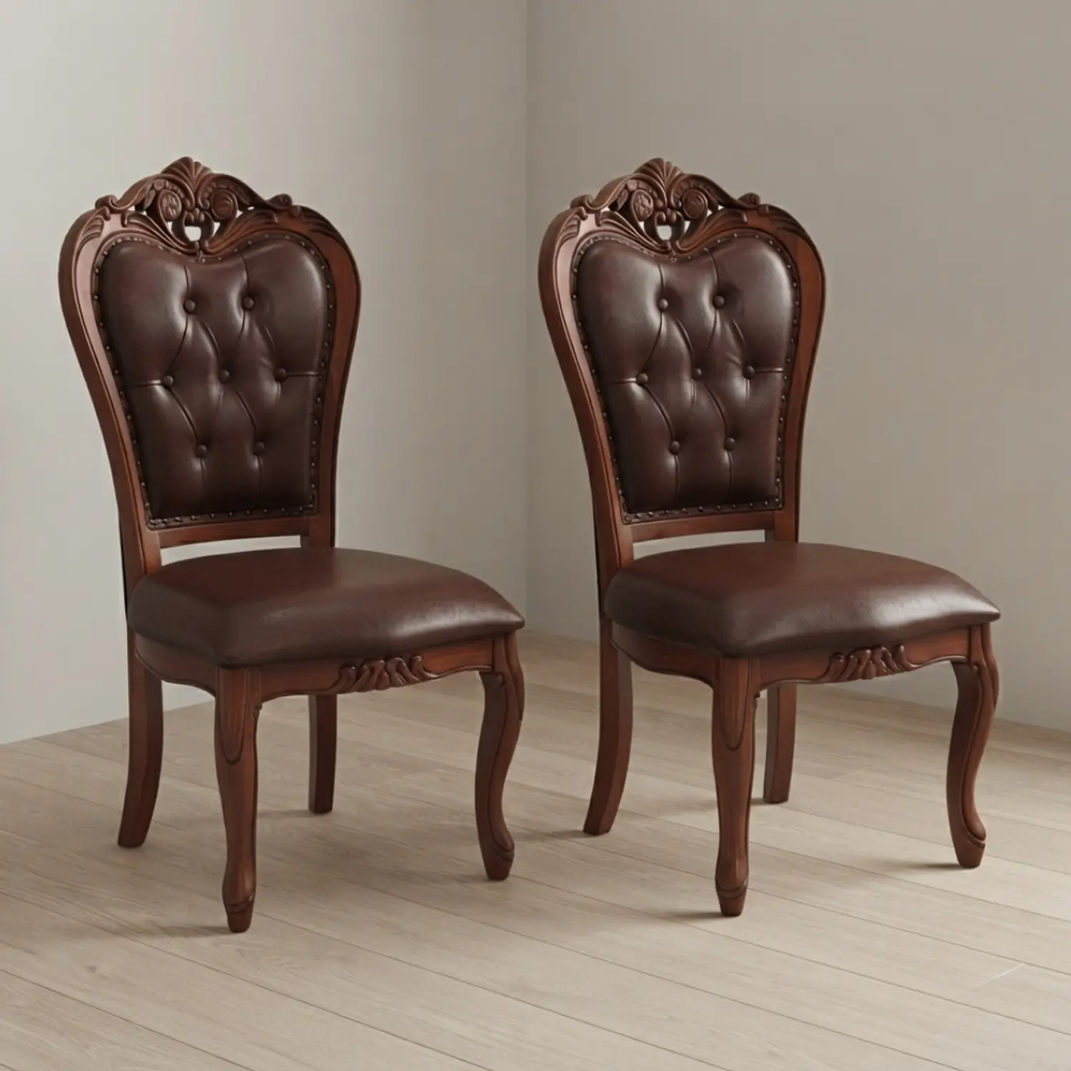 Set 2 Sillas de Comedor Clásicas Caoba Capitoné de Madera Tallada 1
