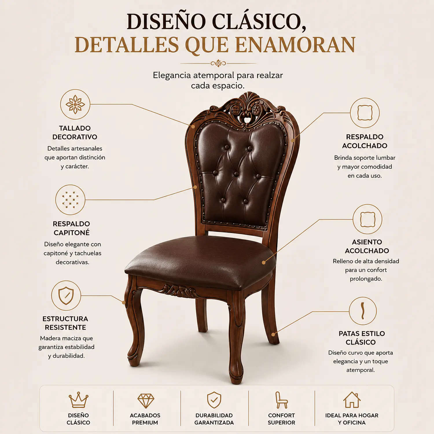 Set 6 Sillas de Comedor Clásicas Caoba Capitoné de Madera 2