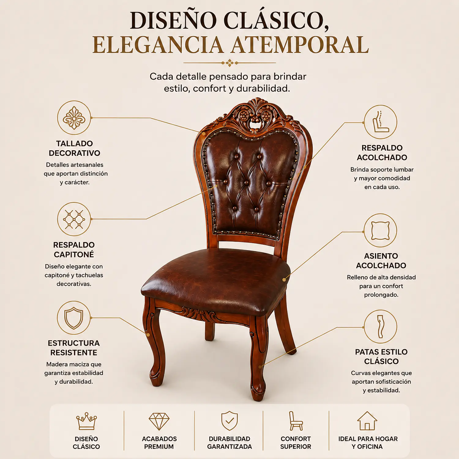 Silla de Comedor Clásica de Cadera Tapizada en Cuero Sintético 2