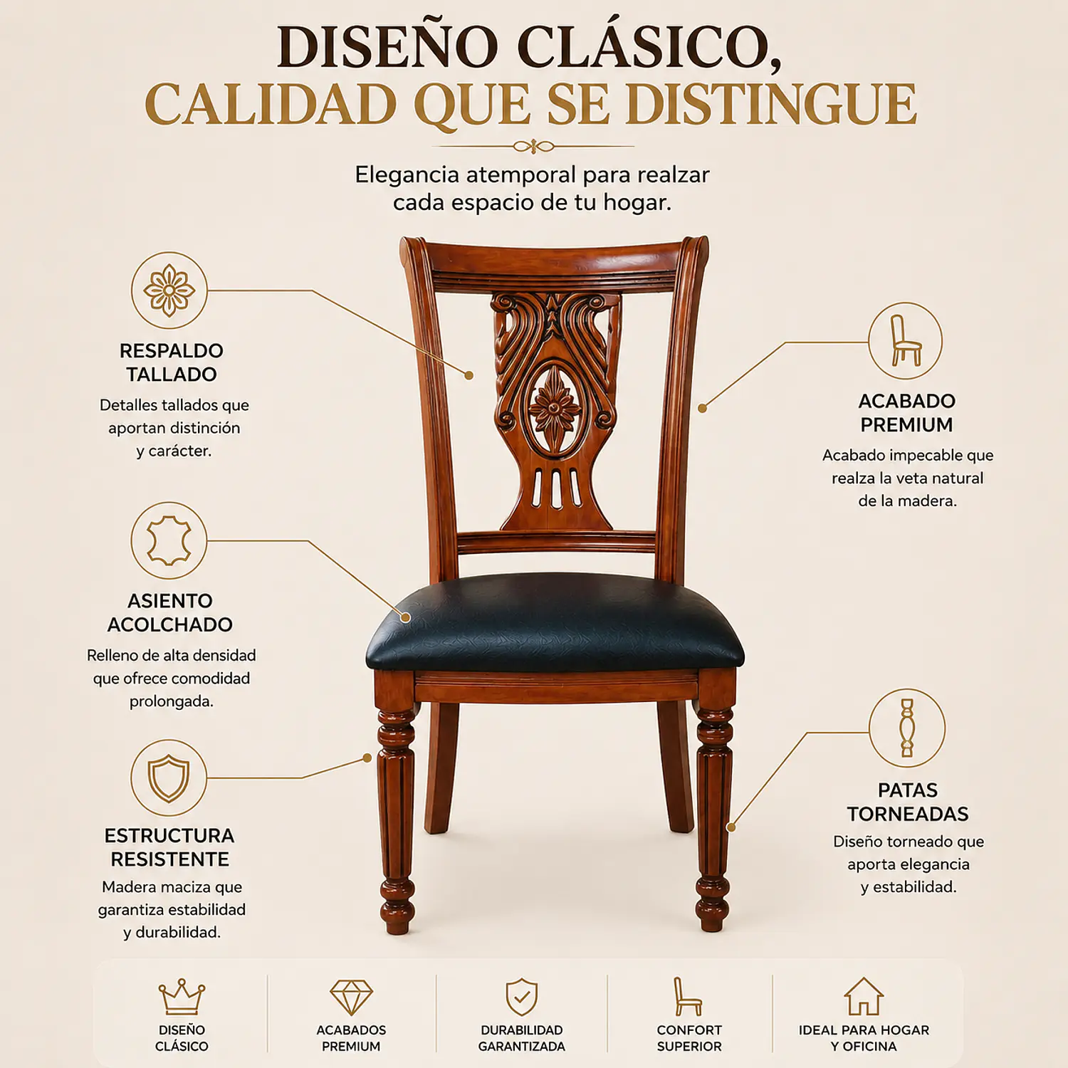 Set de 2 Sillas Clásicas Toledo de Madera Tallada y Ecocuero 2