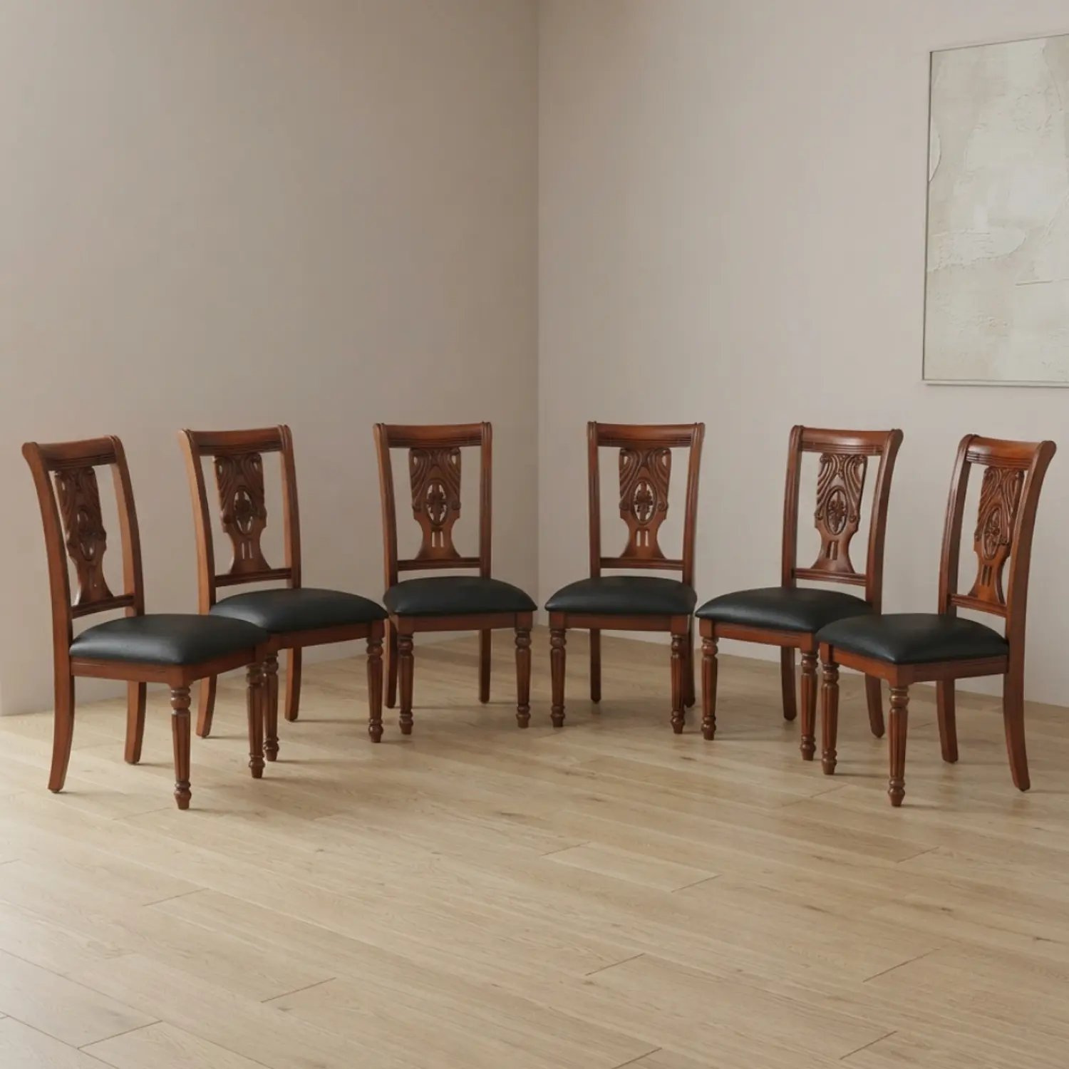 Set de 6 Sillas Clásicas Toledo de Madera Tallada y Ecocuero 1