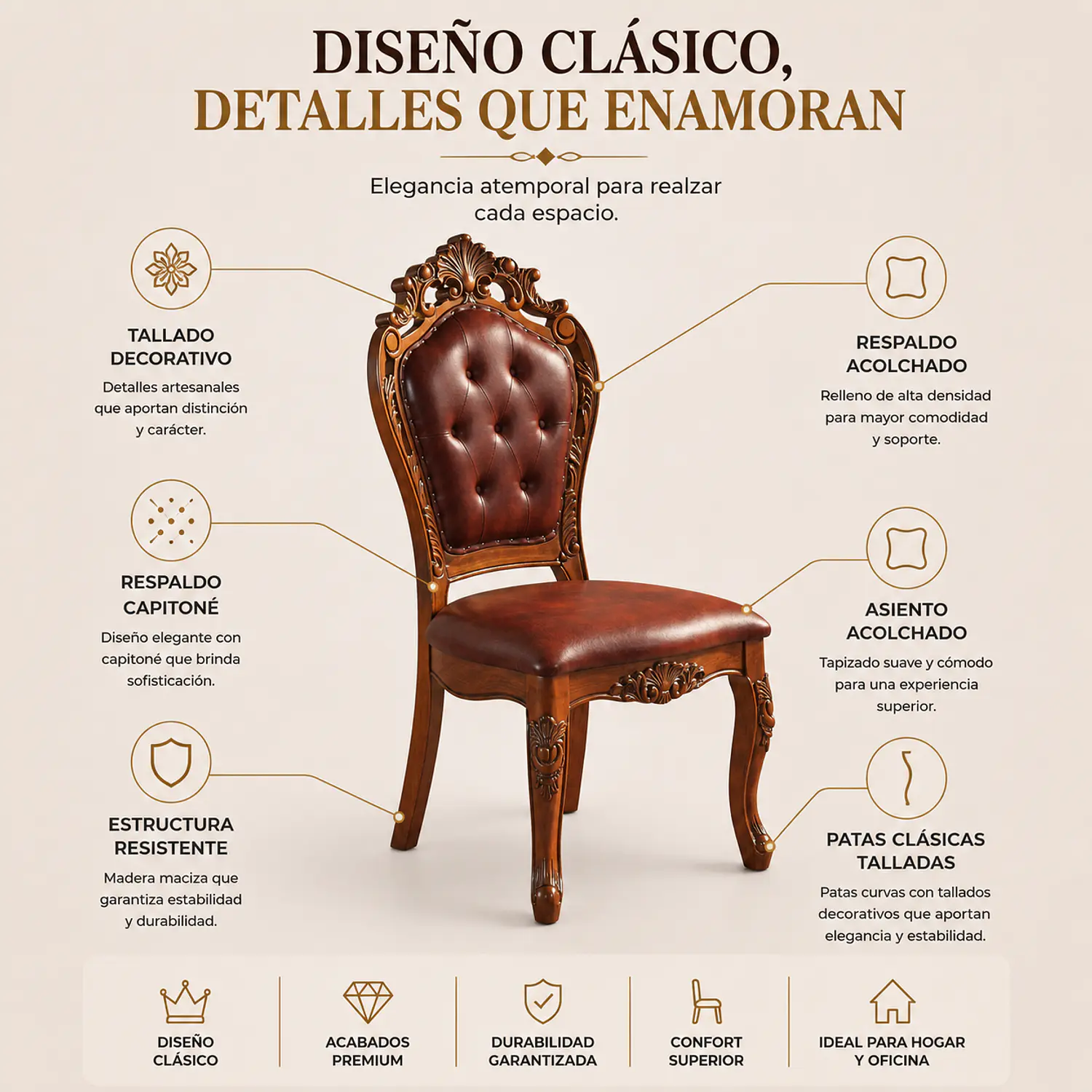 Silla de Comedor Praga de Madera Americana Cuero Capitoné 2