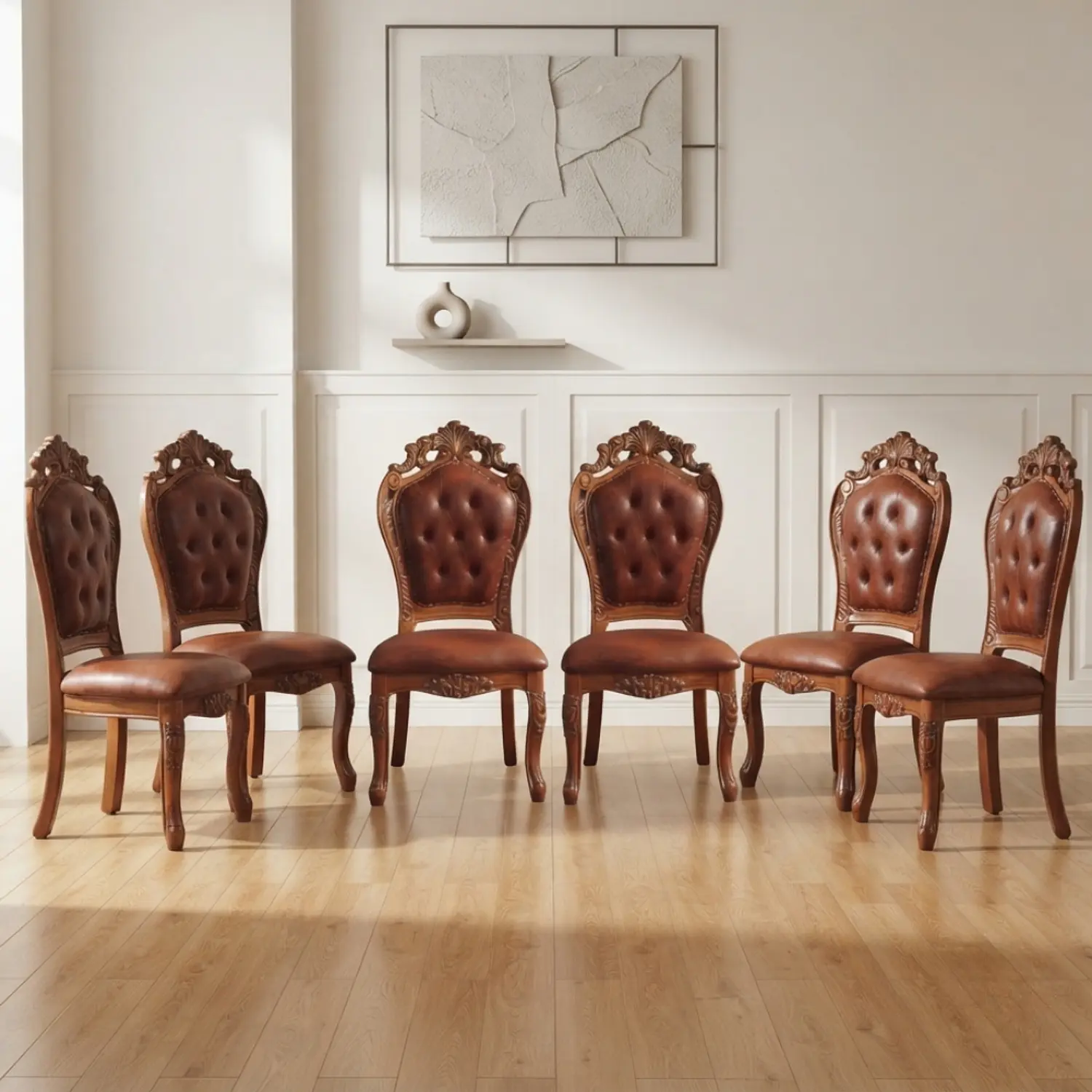 Set 6 Sillas de Comedor Praga Madera Americana Cuero Capitoné 1