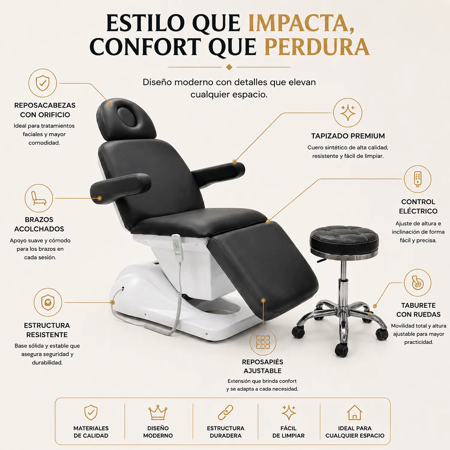 Set Camilla Sillón Cosmetológico Eléctrica y Banquito Hidráulico 2