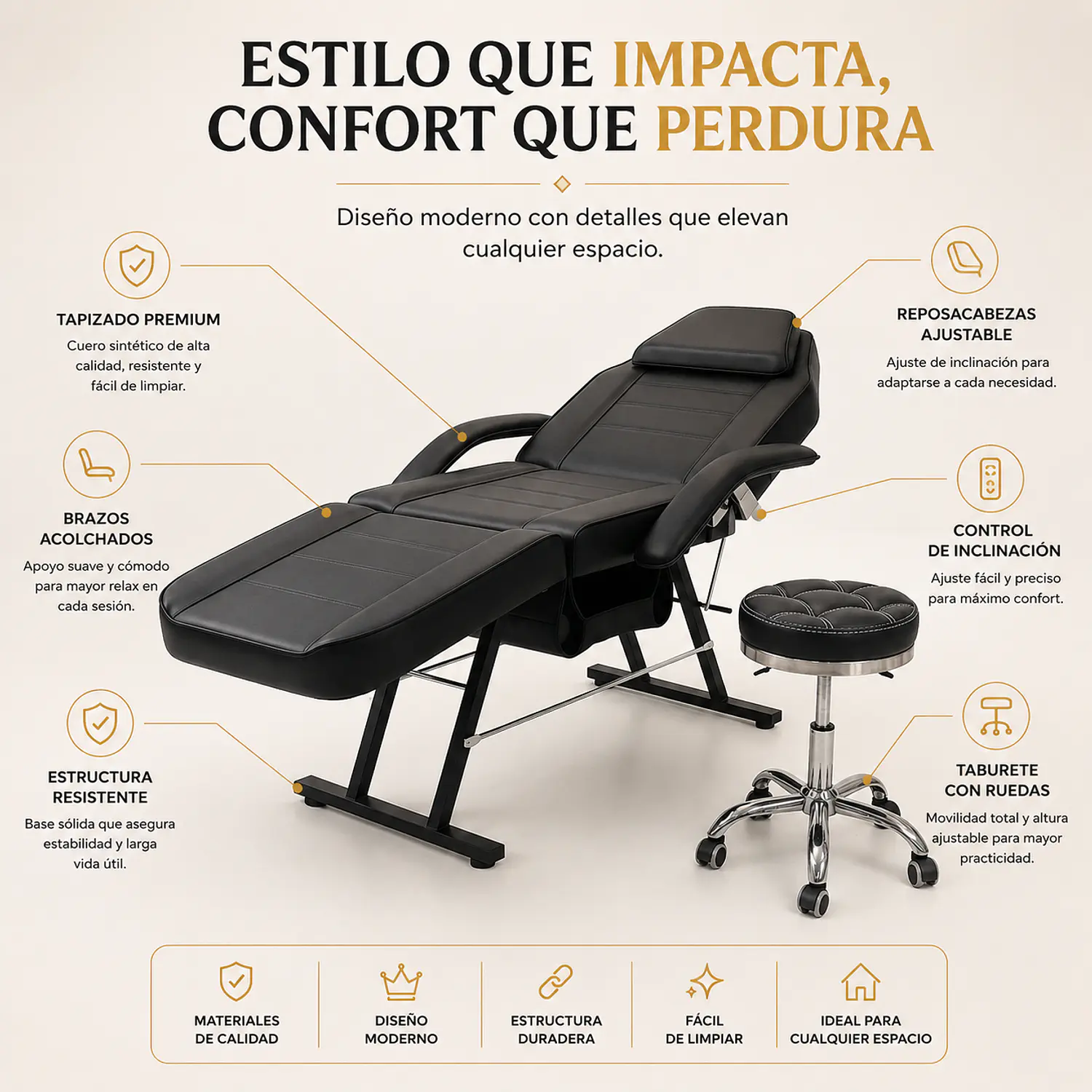 Set Camilla Estética Reclinable y Banquito Hidráulico Profesional 2