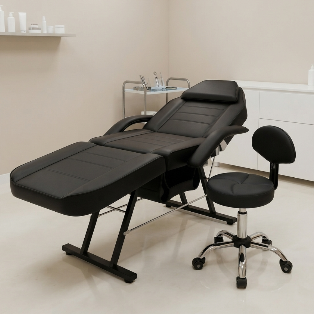 Set Camilla Estética Reclinable y Banquito con Ruedas y Respaldo Profesional