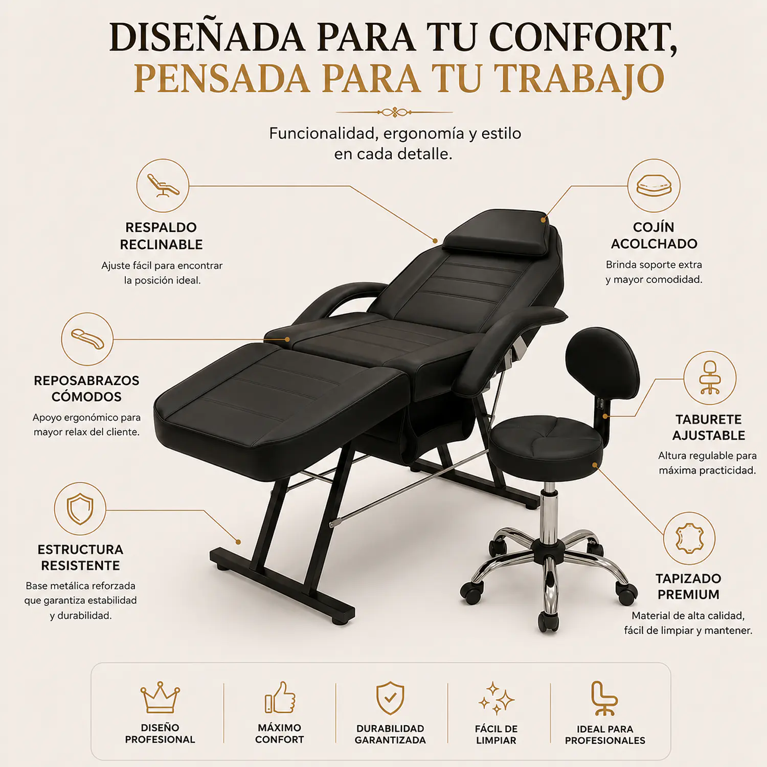 Set Camilla Estética Reclinable y Banquito con Ruedas y Respaldo Profesional 2