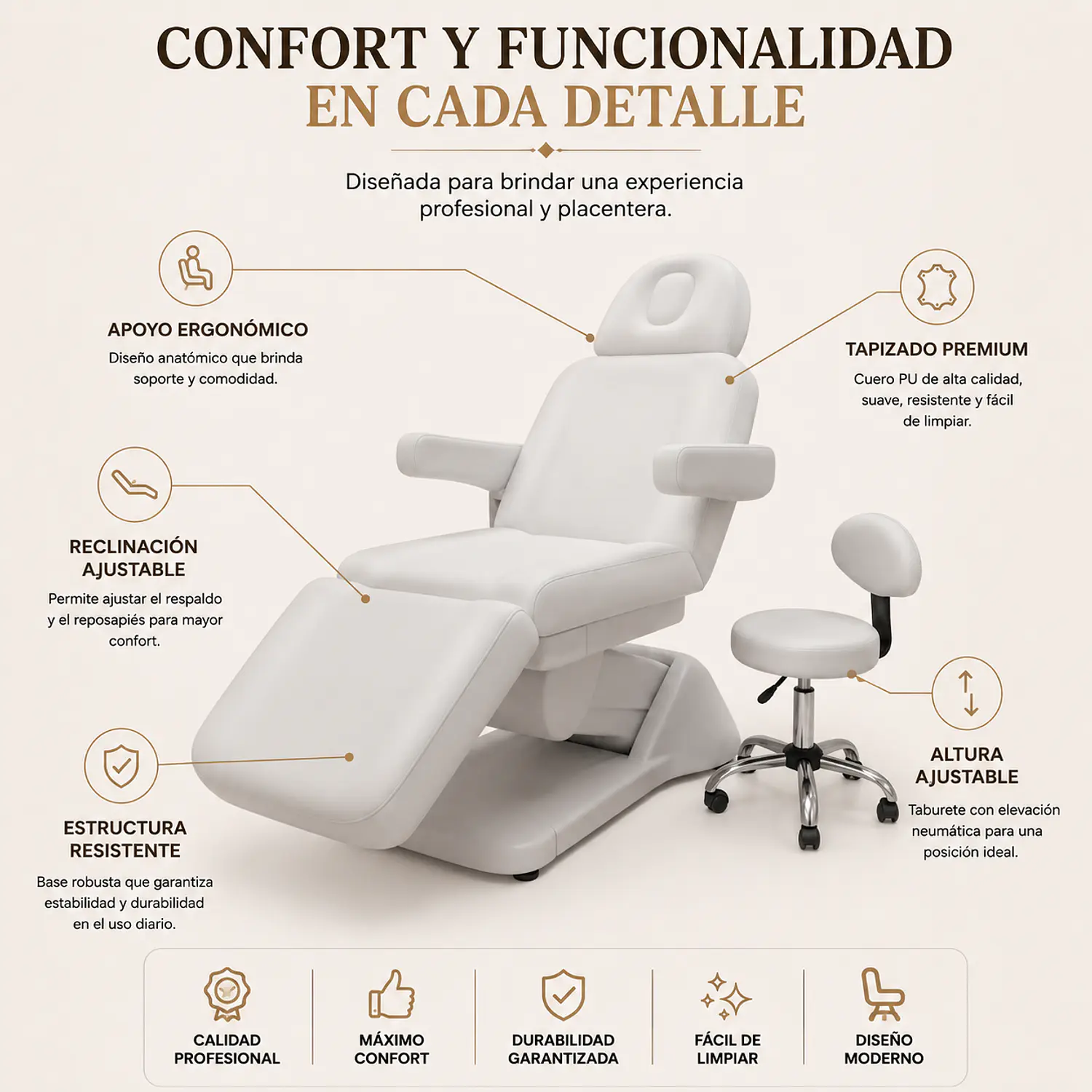 Set de Camilla Cosmetológica Eléctrica y Banquito Profesional Estética 2