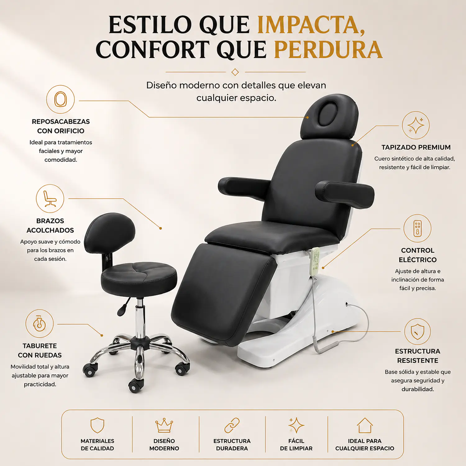 Set de Camilla Cosmetológica Eléctrica y Banquito Profesional Estética 6