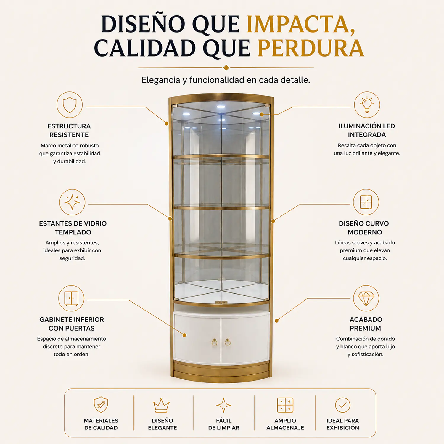 Mueble de Exhibición Blanco con Dorado Para Salón de Belleza o Bar 2