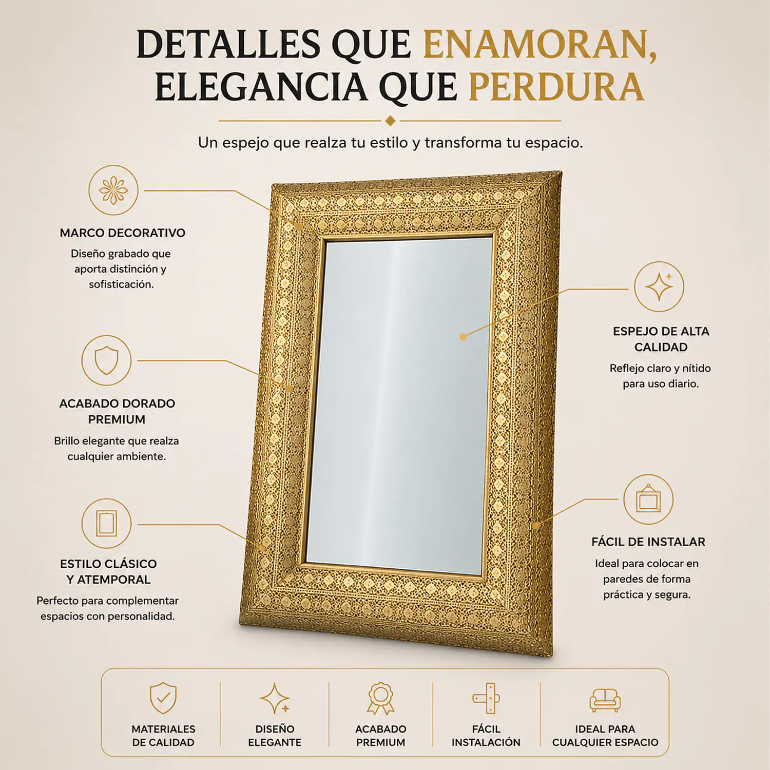 Espejo de Pared Oviedo Rectangular Dorado Ornamental 2