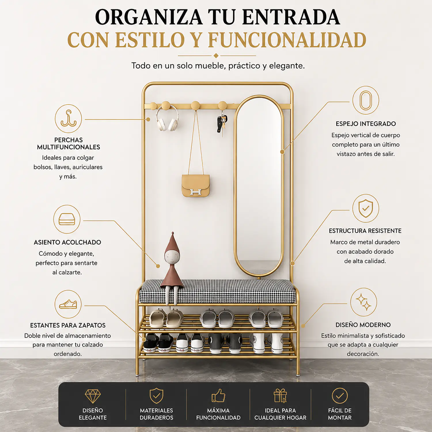 Perchero Espejo Vitoria Recibidor Banco Dorado 2
