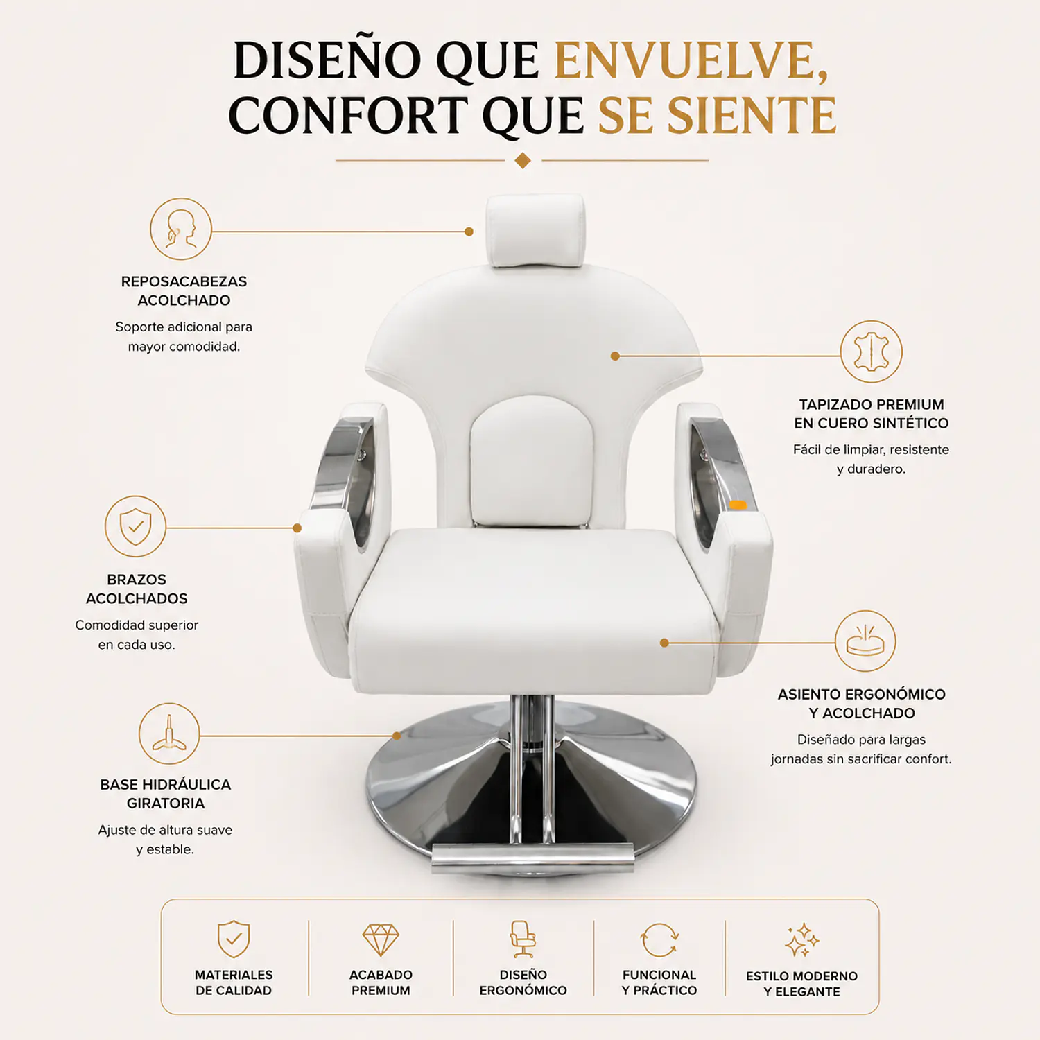 Sillón de Barbería Cuenca Hidráulico Blanco Profesional 2