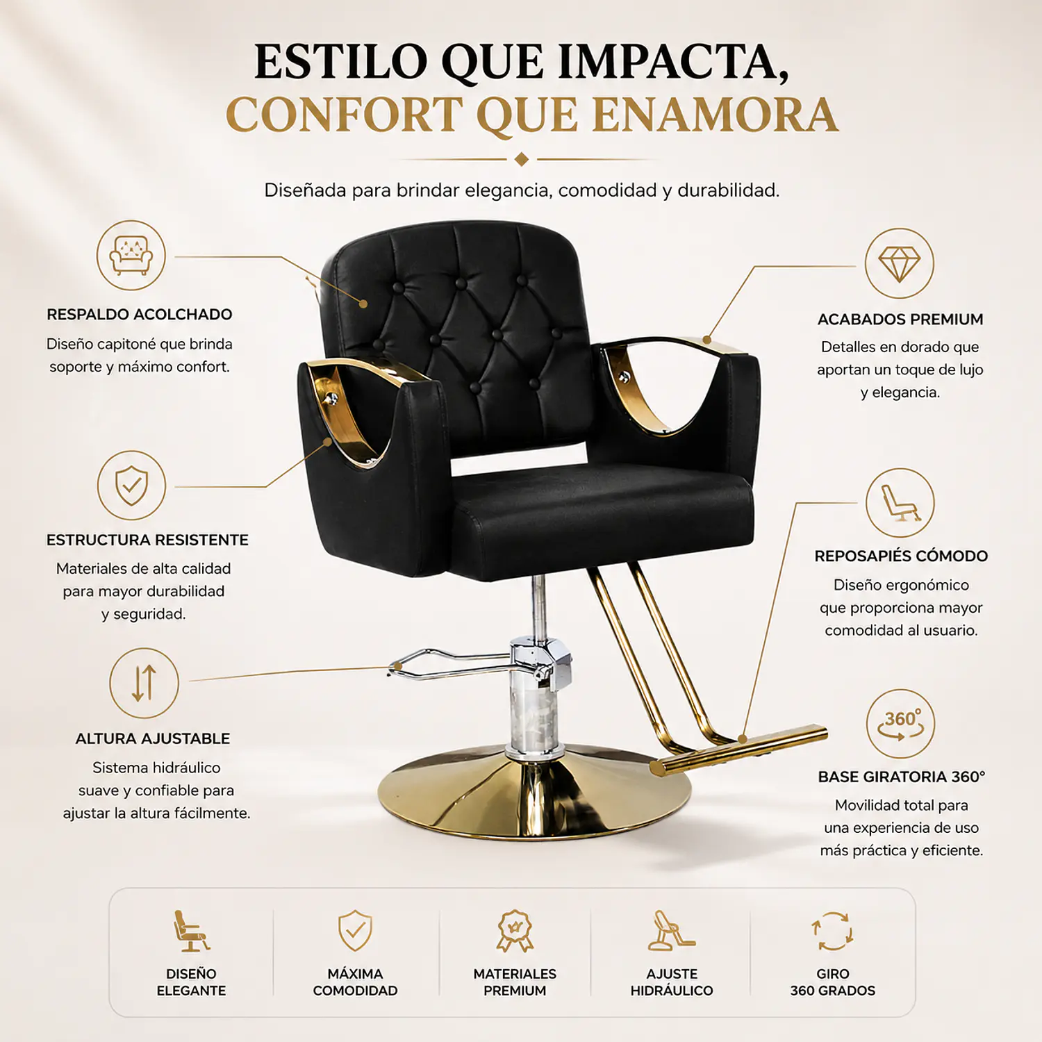 Sillón de Barbería Majadahonda Hidráulico Imperial Gold 2