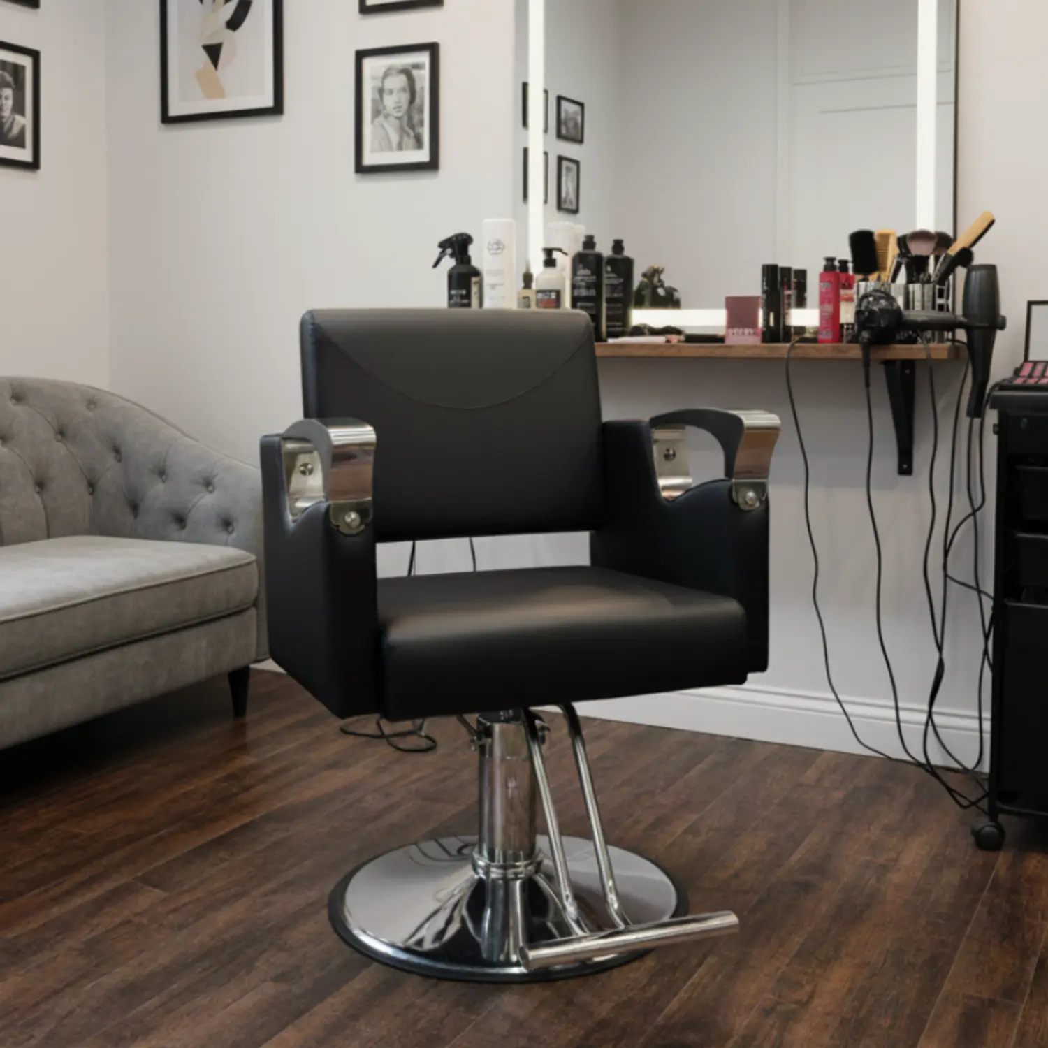 Sillón de Barbería Arganda Negro Hidráulico Base Cromada 1