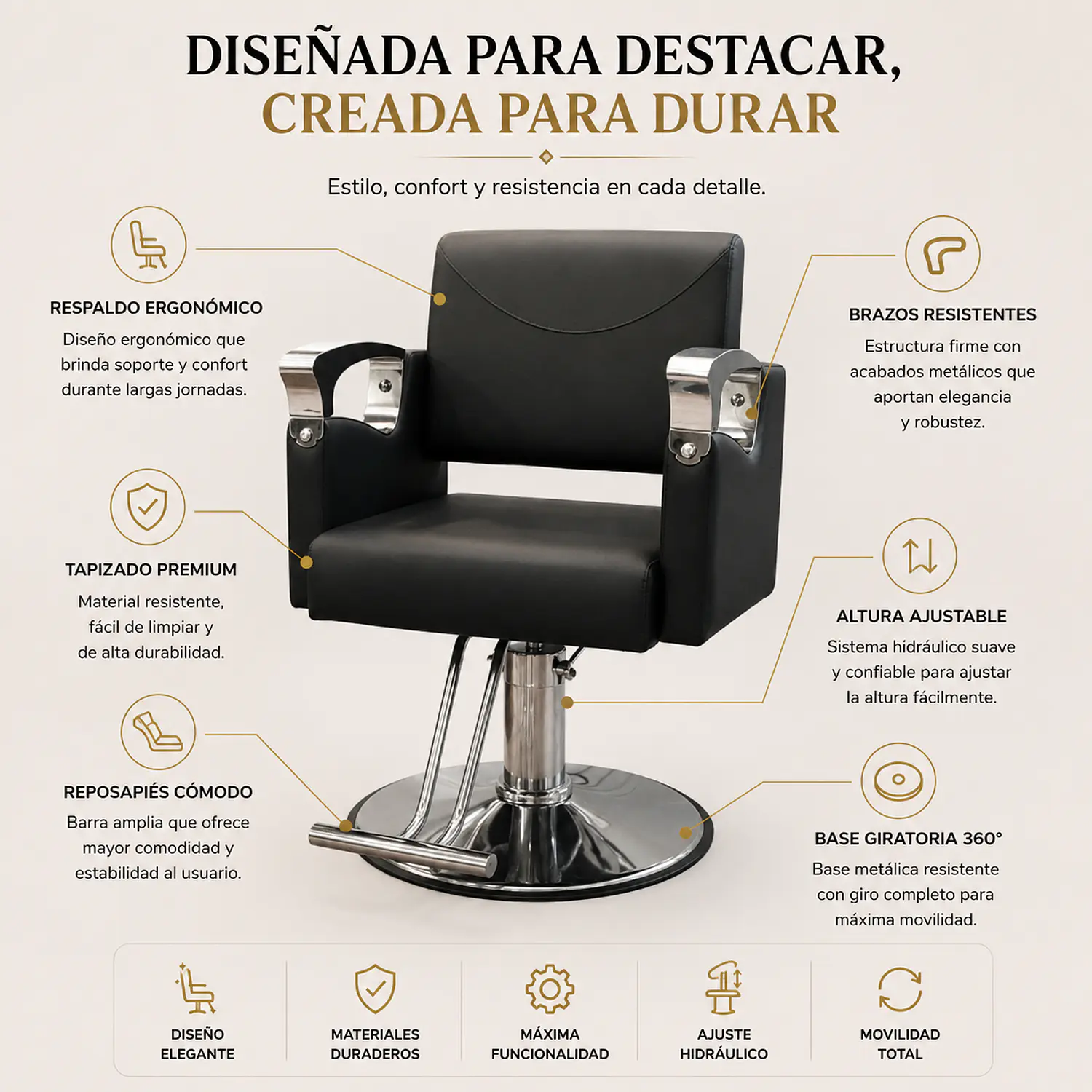 Sillón de Barbería Arganda Negro Hidráulico Base Cromada 2
