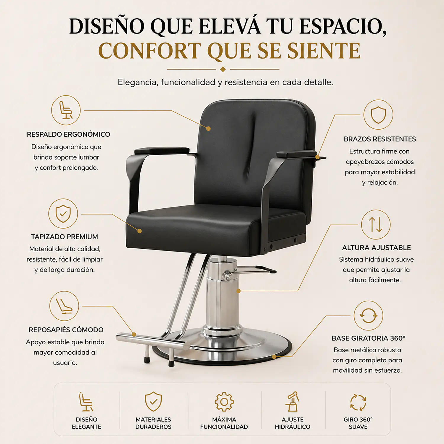 Sillón de Barbería Castilla Profesional Negro con Base Hidráulica 2