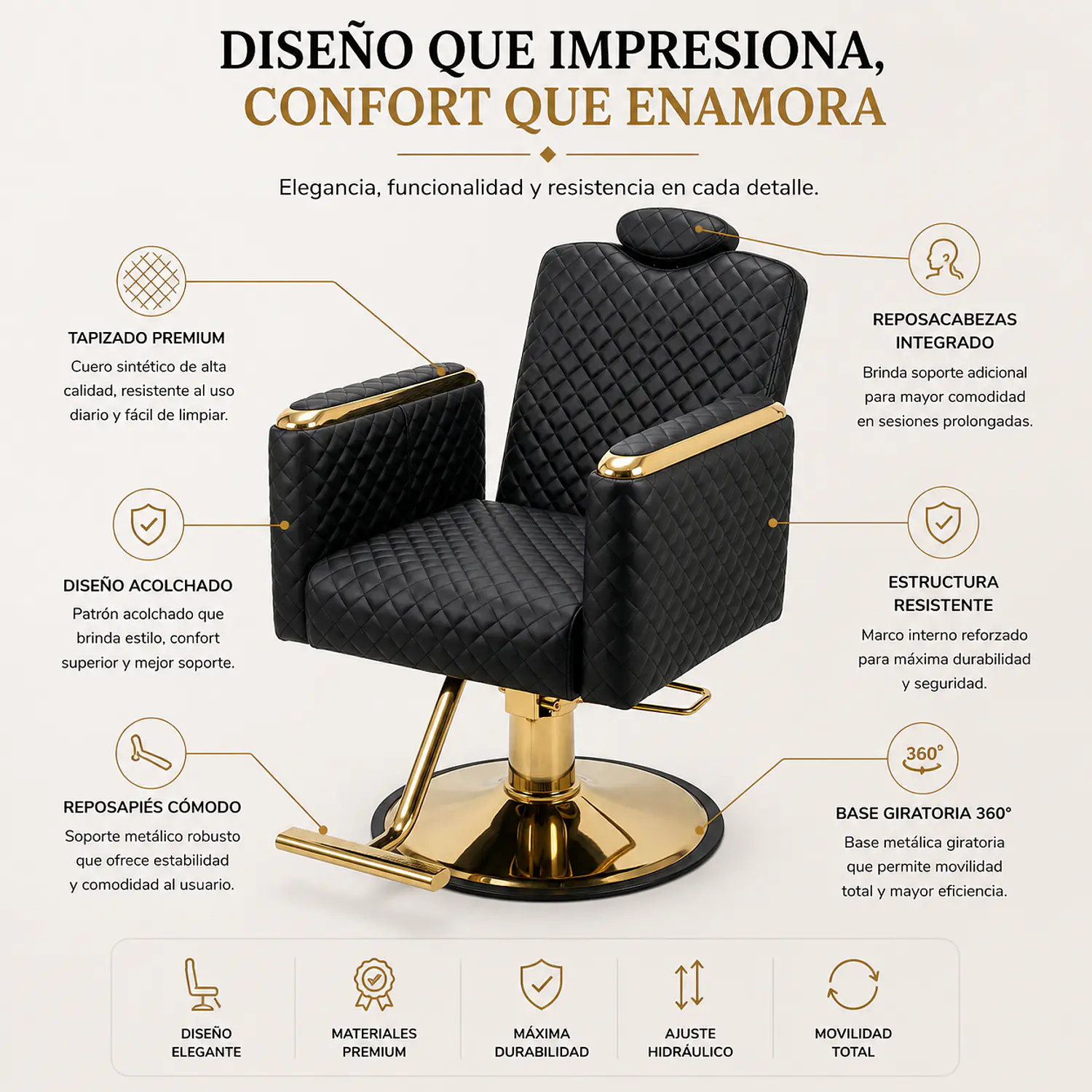 Silla de Peluquería Parla Reclinable Base Dorada Profesional 2
