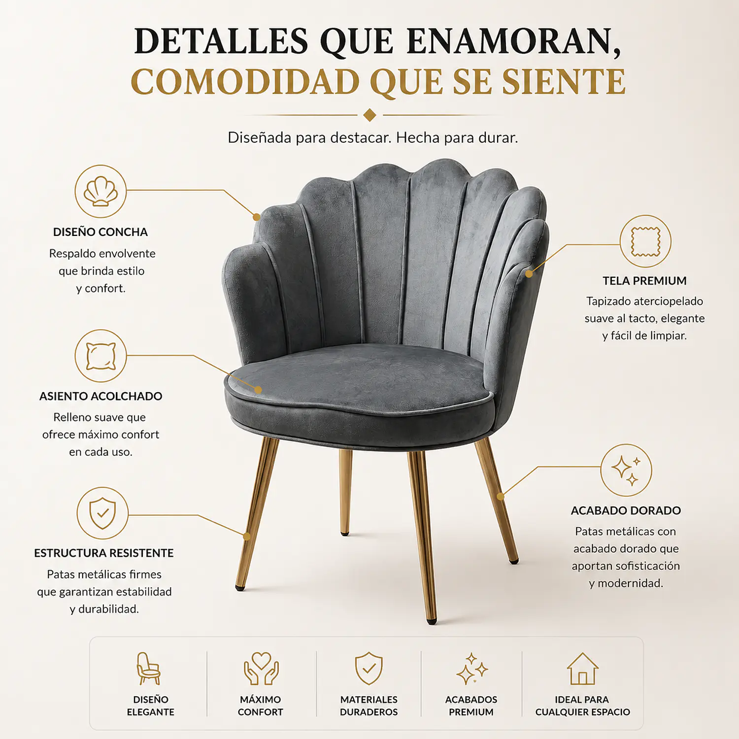 Silla de Manicure Barcelona Velvet Tipo Concha 2