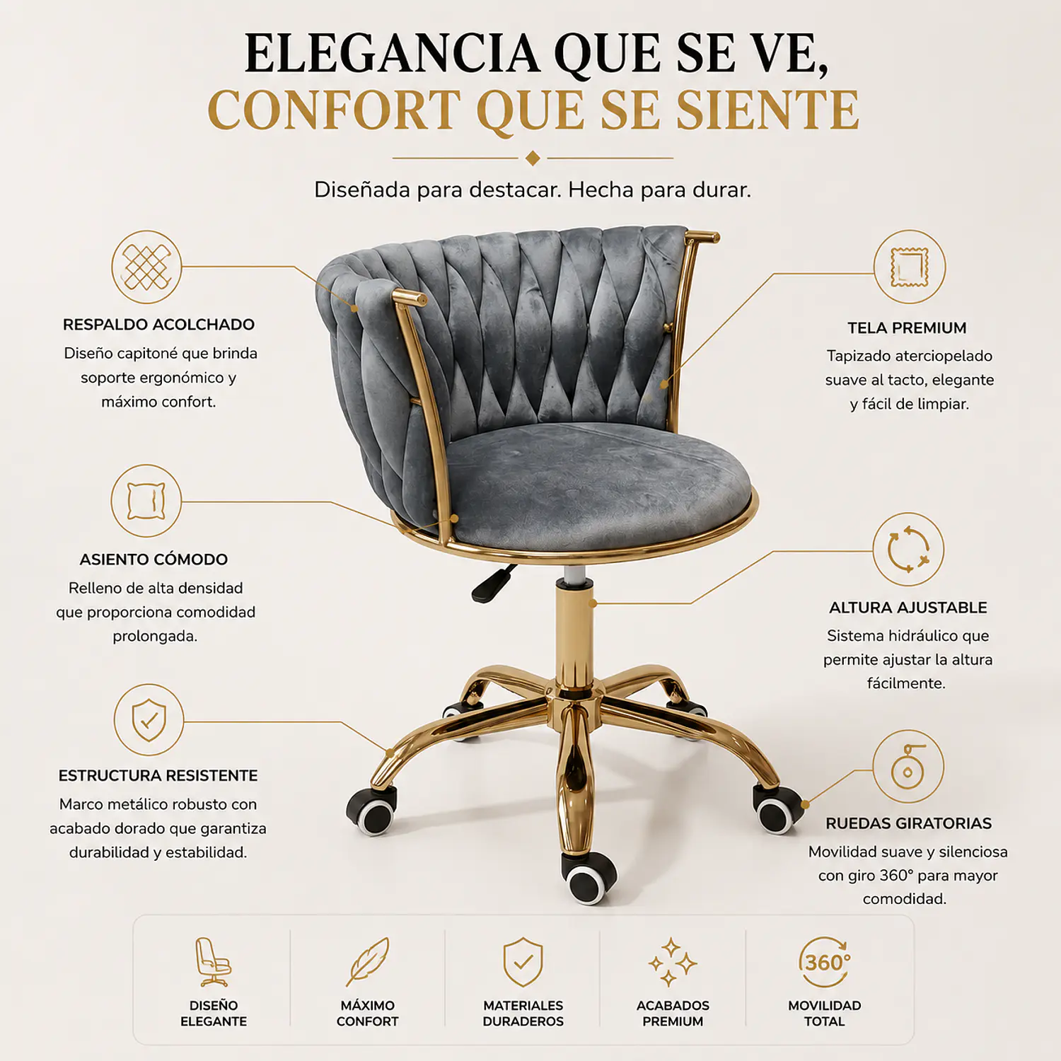 Silla de Manicure Tarragona Velvet Ruedas Base Dorada 2