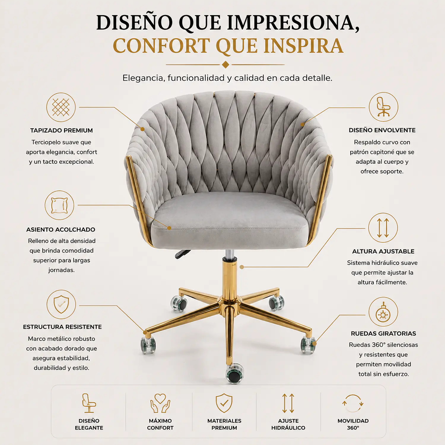 Silla de Manicure Elche Velvet Giratoria Elegante 2