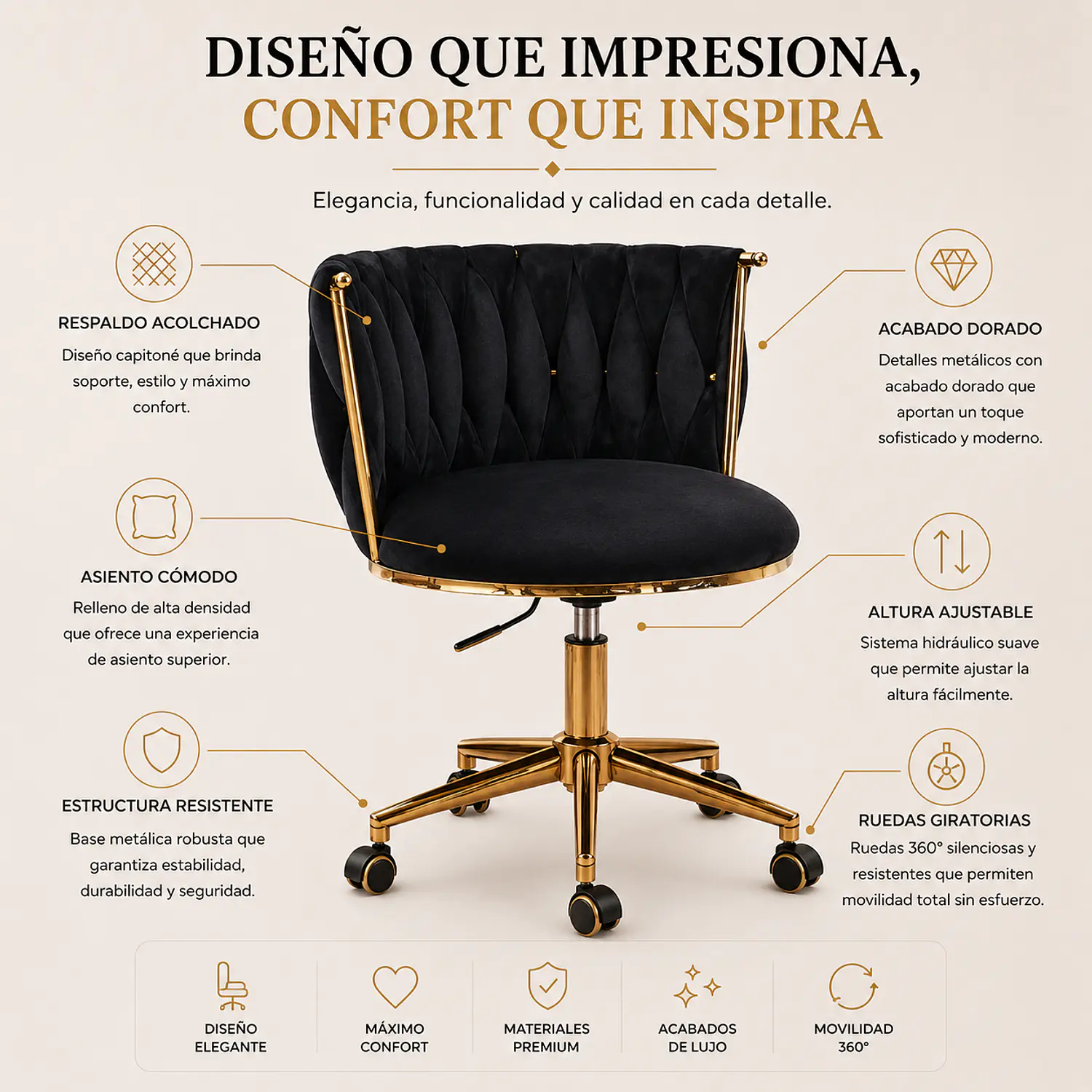 Silla de Manicure Benidorm Velvet Negro Base Dorada 2