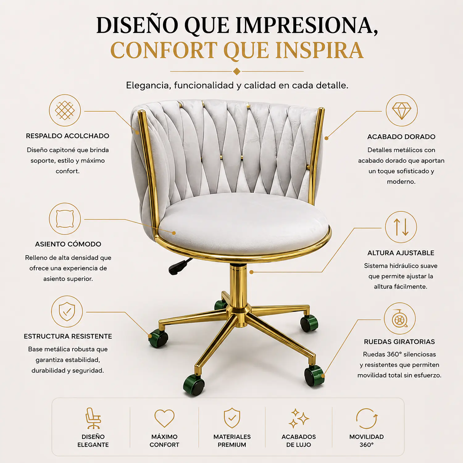 Silla de Manicure Alcoy Velvet Gris con Ruedas 2