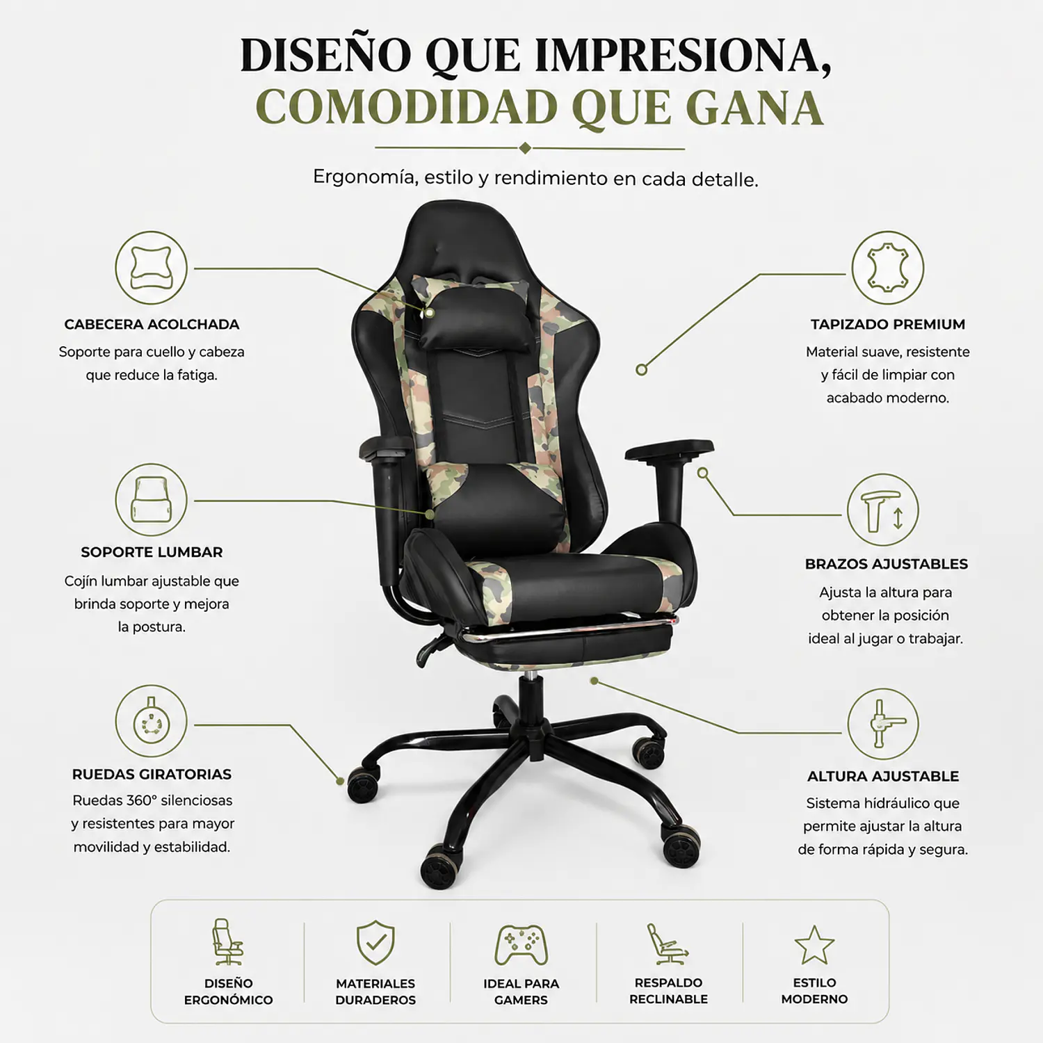Silla Gamer Atenas Militar Reclinable 180° Giratoria 2