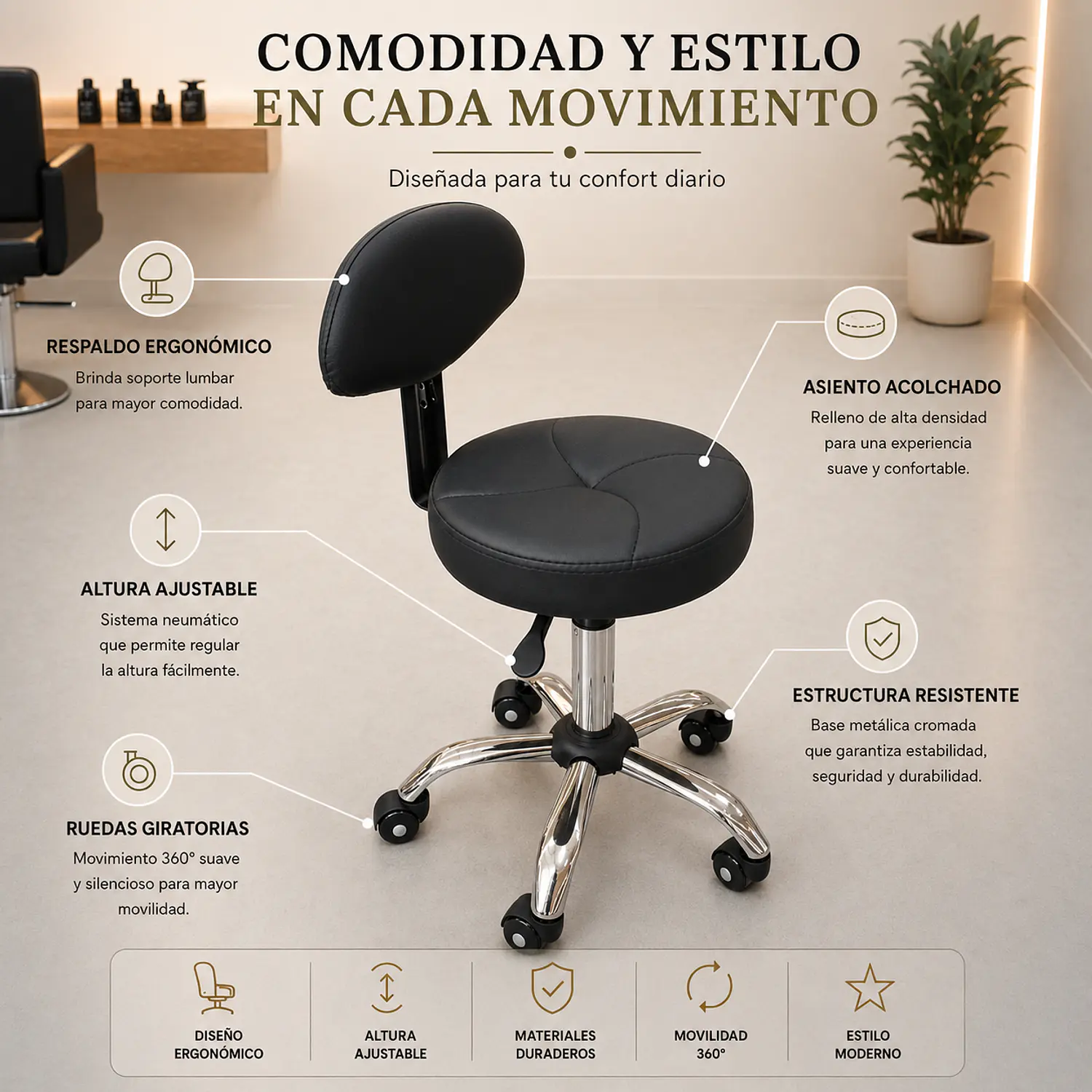 Banquito Huelva con Respaldo y Ruedas Profesional 2