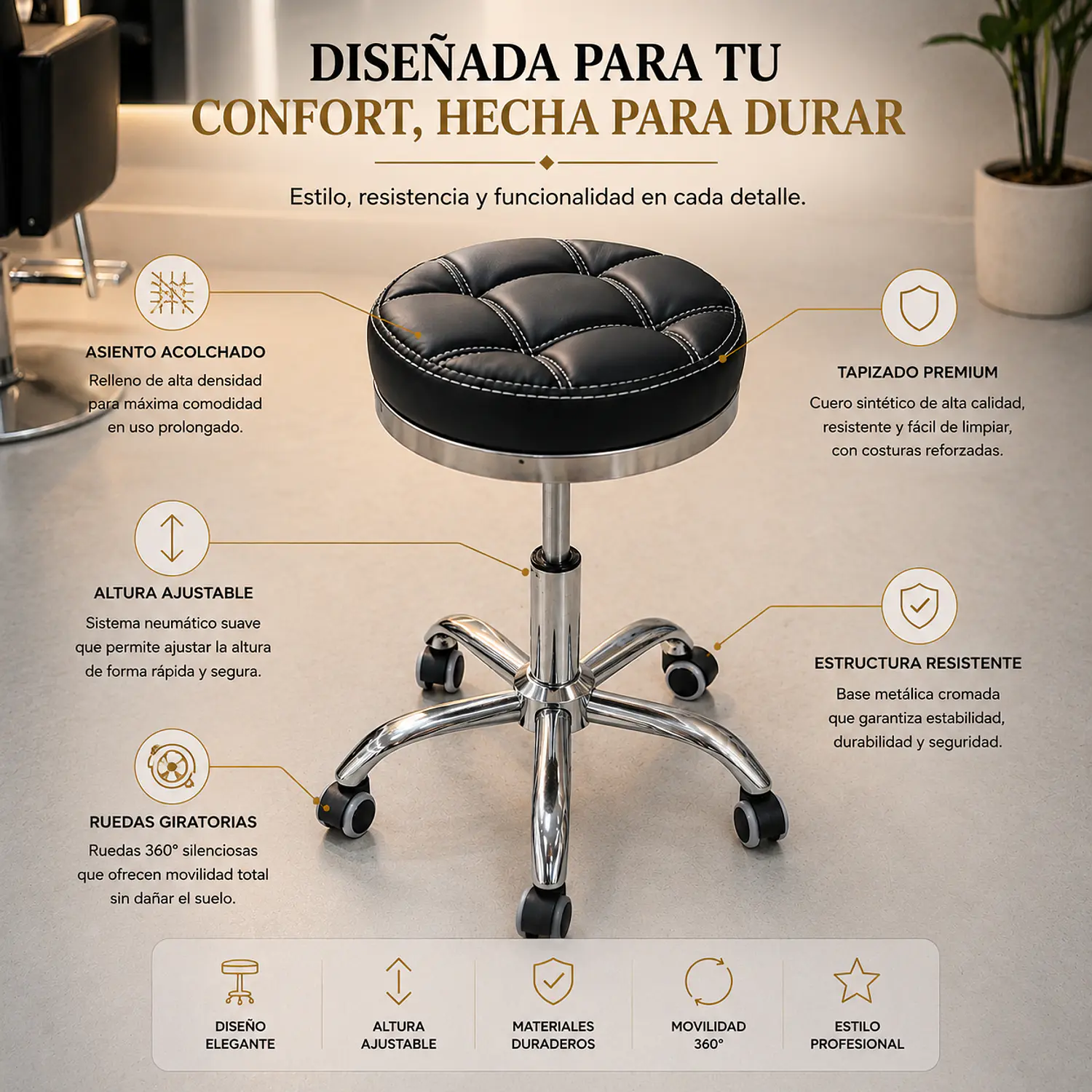 Banquito Cádiz Hidráulico con Ruedas Profesional 2