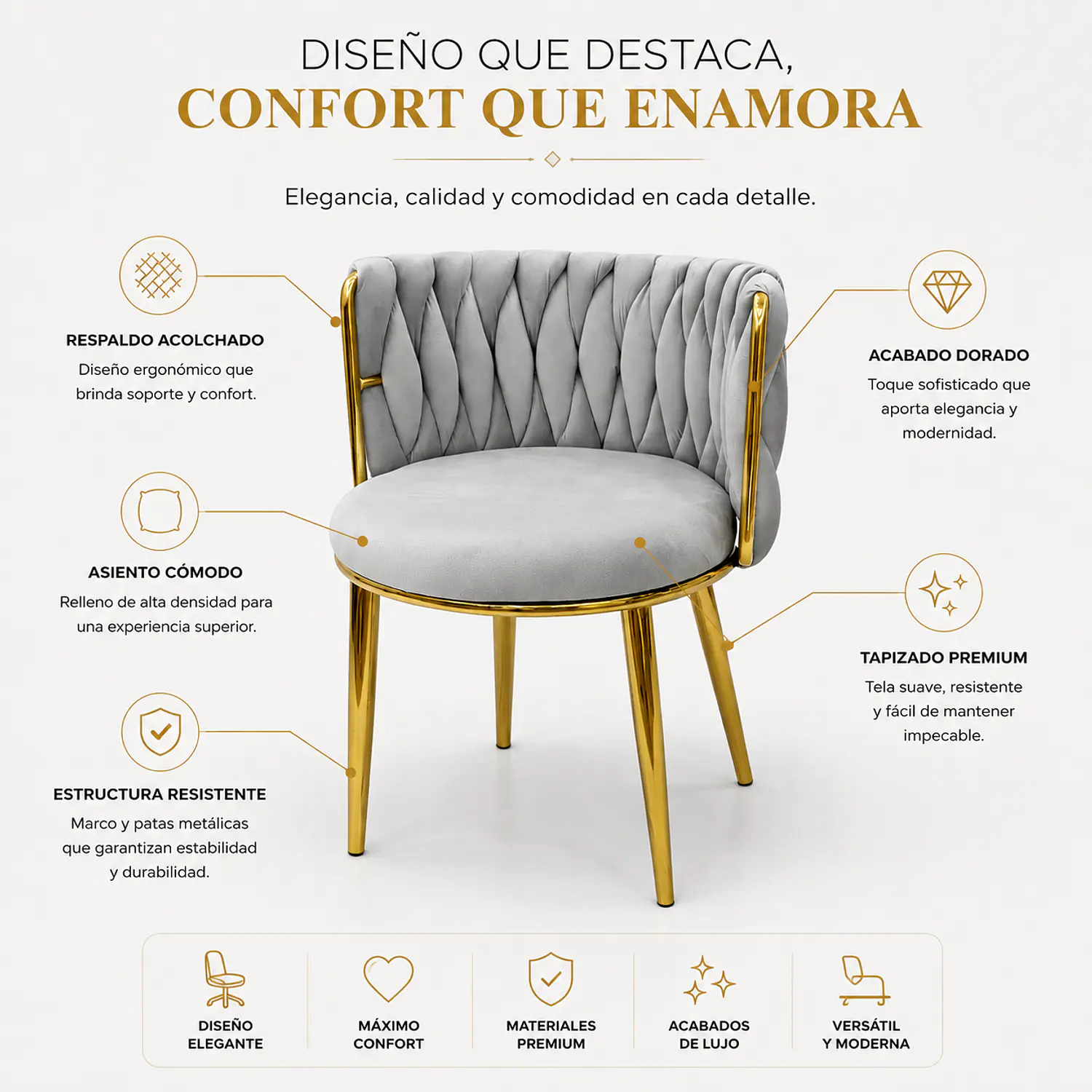 Silla de Manicure Girona Velvet con Patas Doradas 2