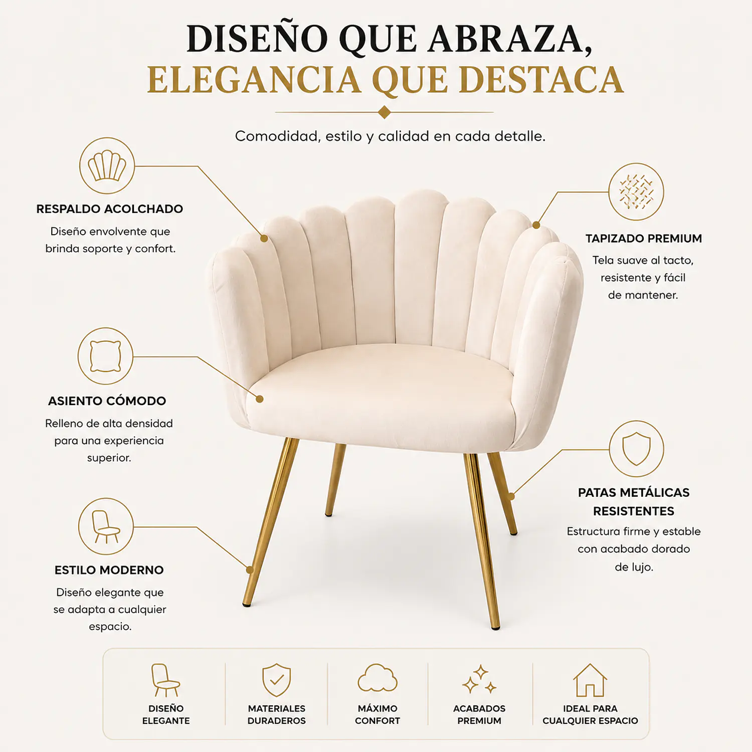 Silla de Manicure Figueres Velvet Tipo Concha Shell Glam 2