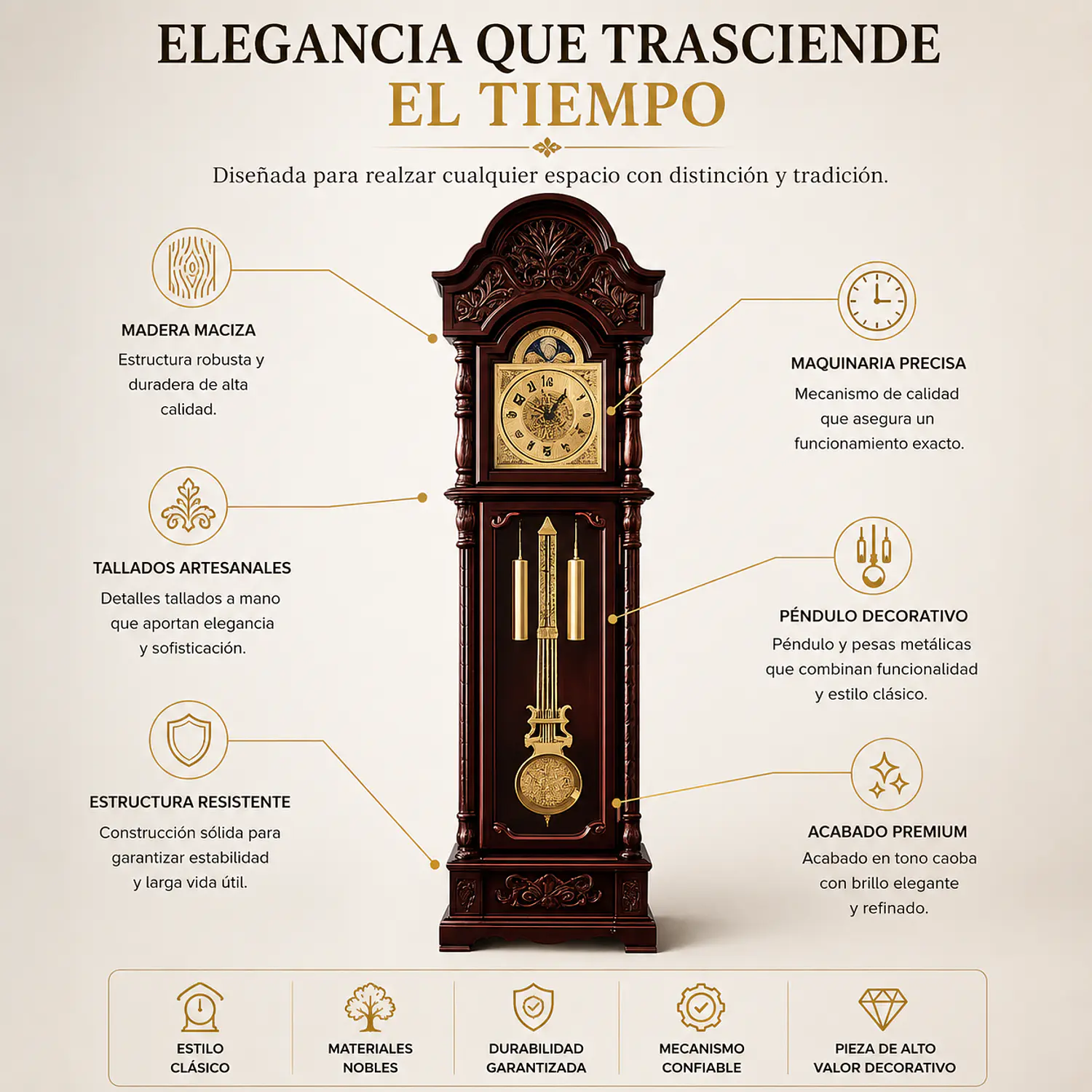 Reloj de Péndulo Clásico de Piso en Madera con Campanadas 2