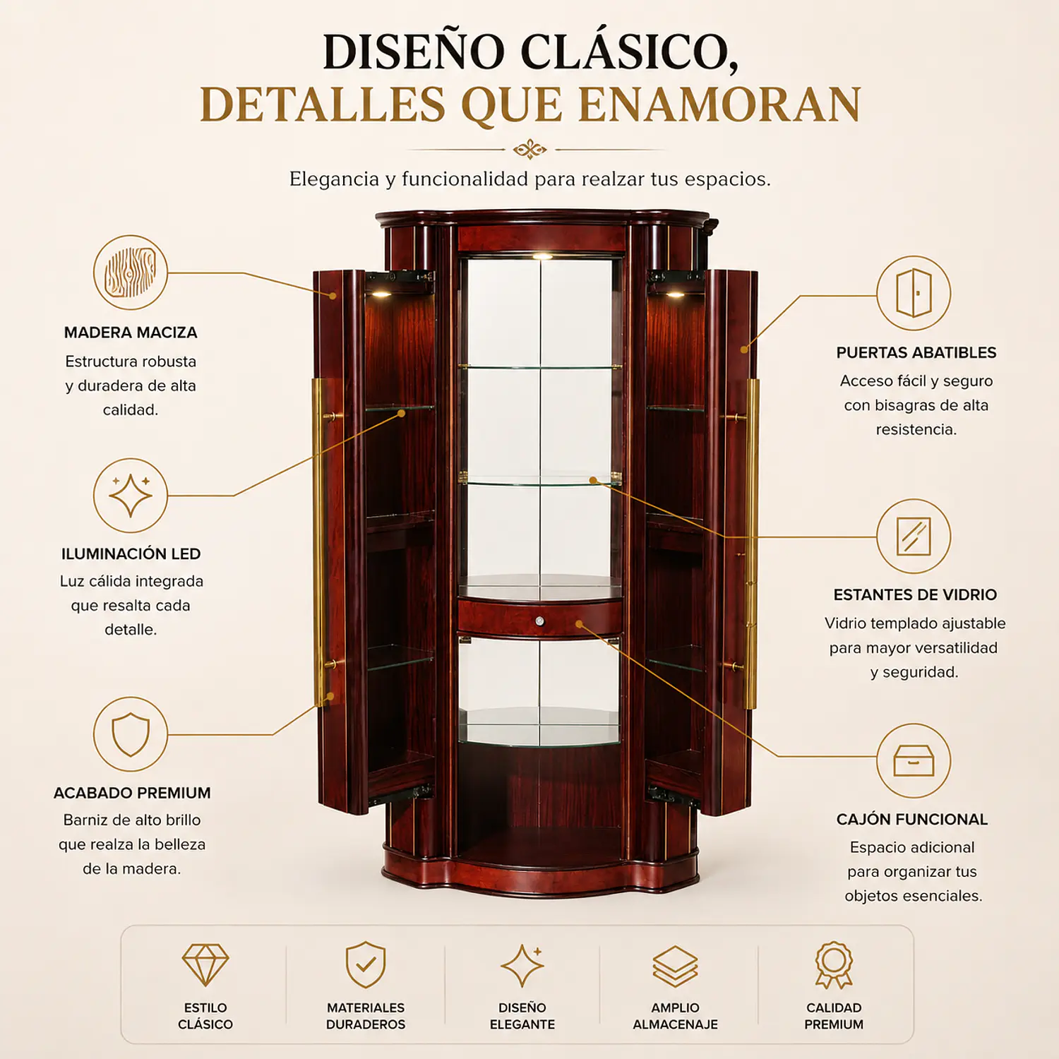 Vitrina de Cristal Sofía en Madera de Caoba 2
