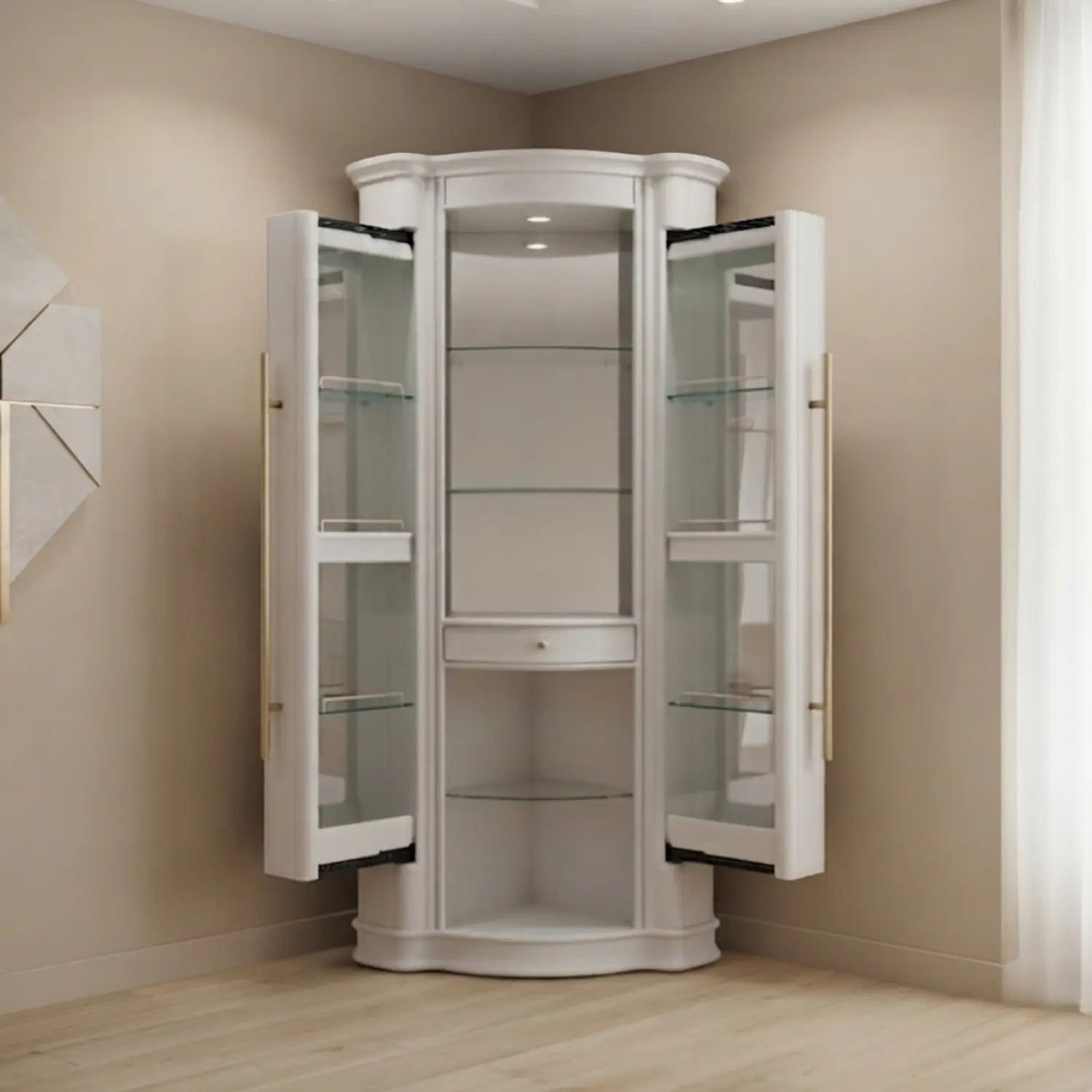 Vitrina de Cristal Sofía Blanca con Repisas de Vidrio y Cajón 1