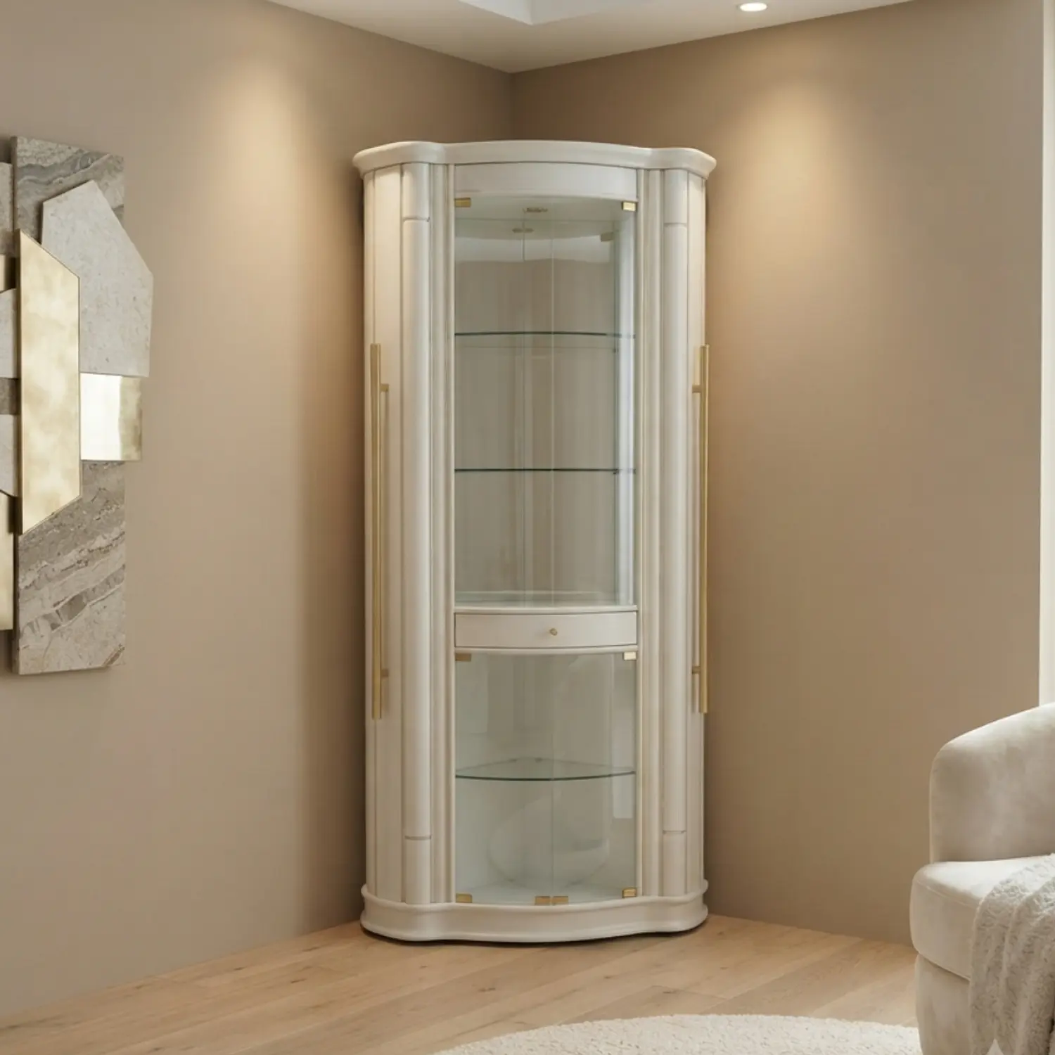 Vitrina de Cristal Sofía Blanca con Repisas de Vidrio y Cajón 3