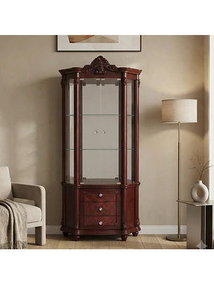 Vitrina Clásica Color Caoba con Vidrio y Cajonera de Madera