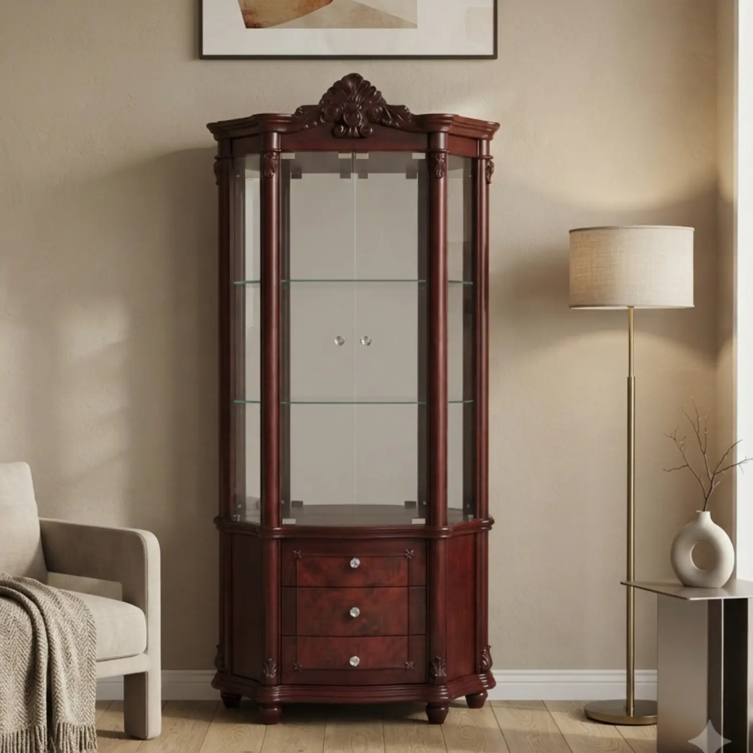 Vitrina Clásica Color Caoba con Vidrio y Cajonera de Madera 1