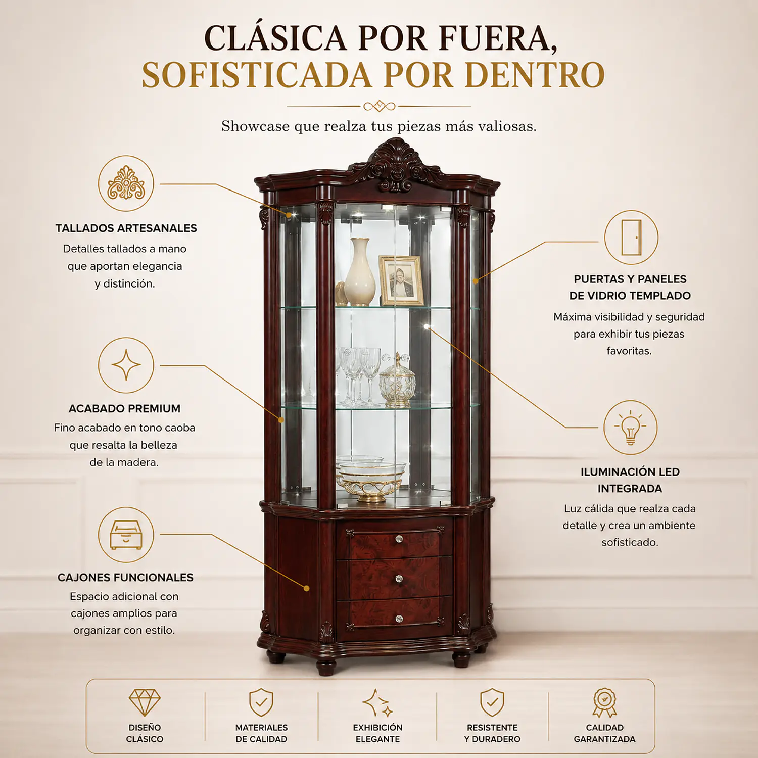 Vitrina Clásica Color Caoba con Vidrio y Cajonera de Madera 2