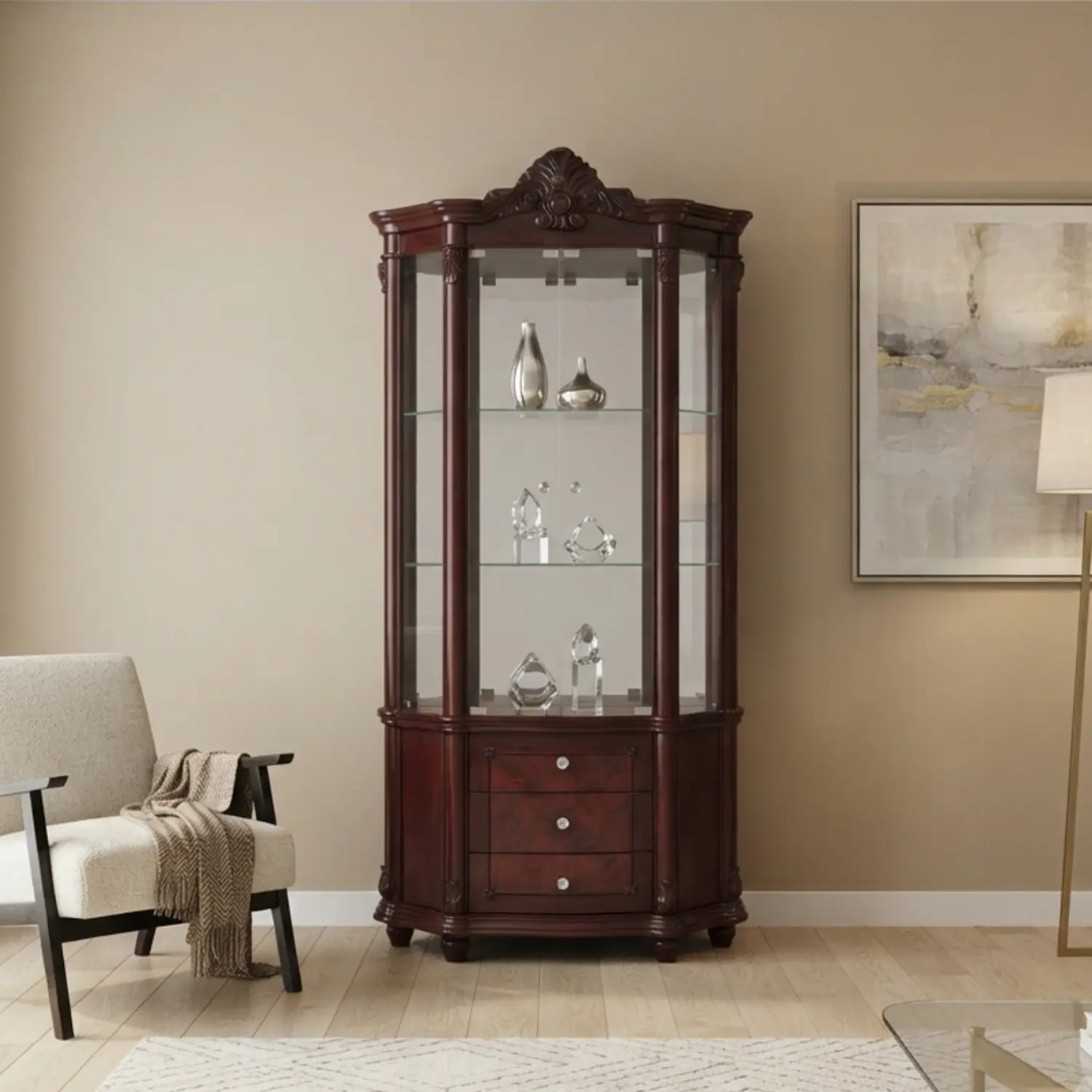 Vitrina Clásica Color Caoba con Vidrio y Cajonera de Madera 3