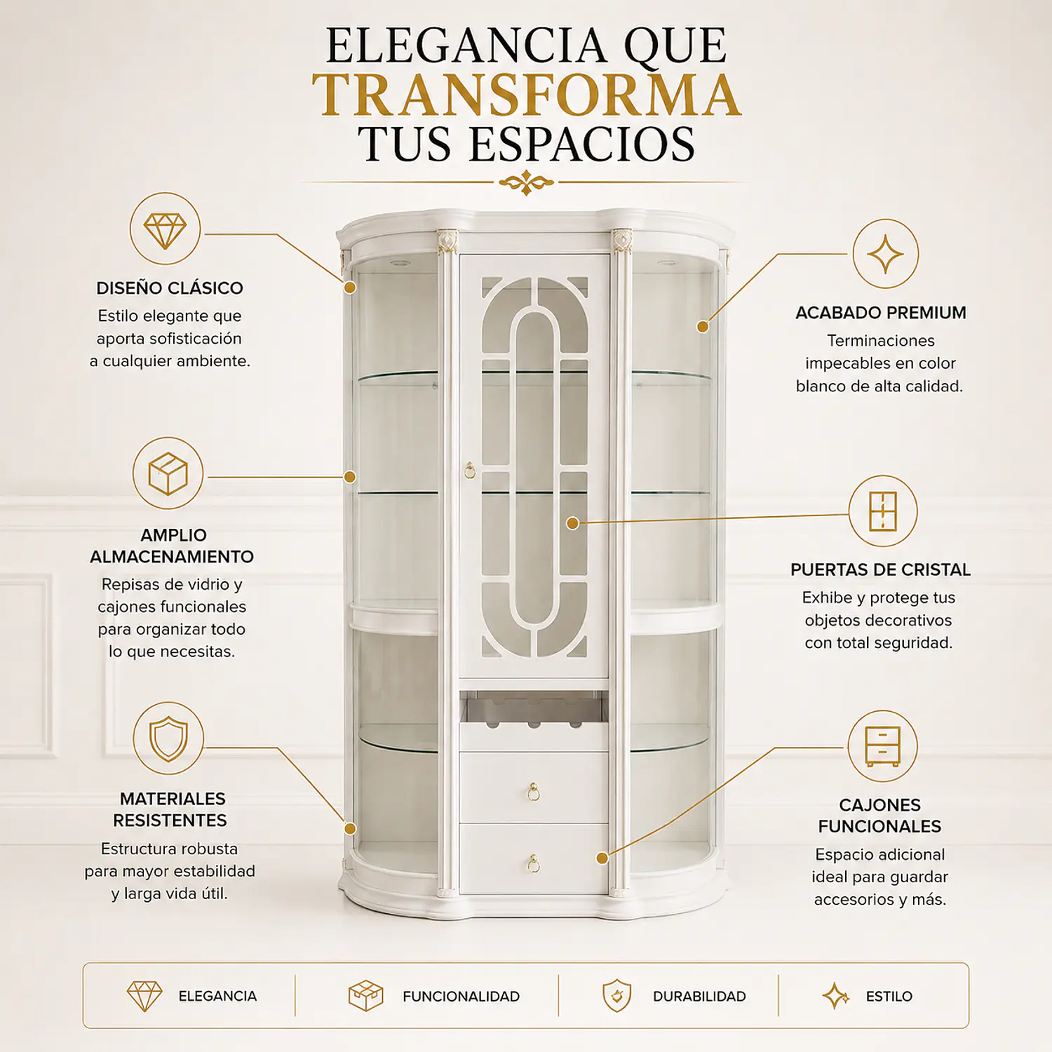 Vitrina Blanca Queen de Cristal con Cajones 2