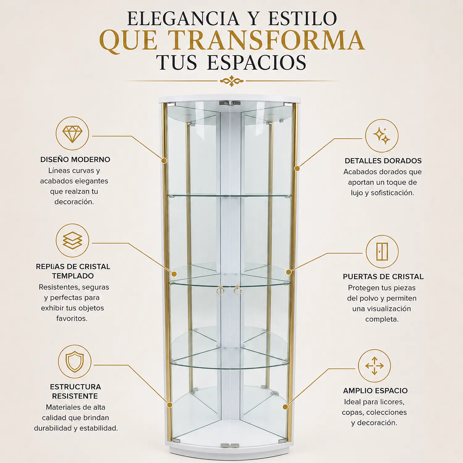 Vitrina Licorera de Cristal Curva con Detalles Dorados y Repisas 2