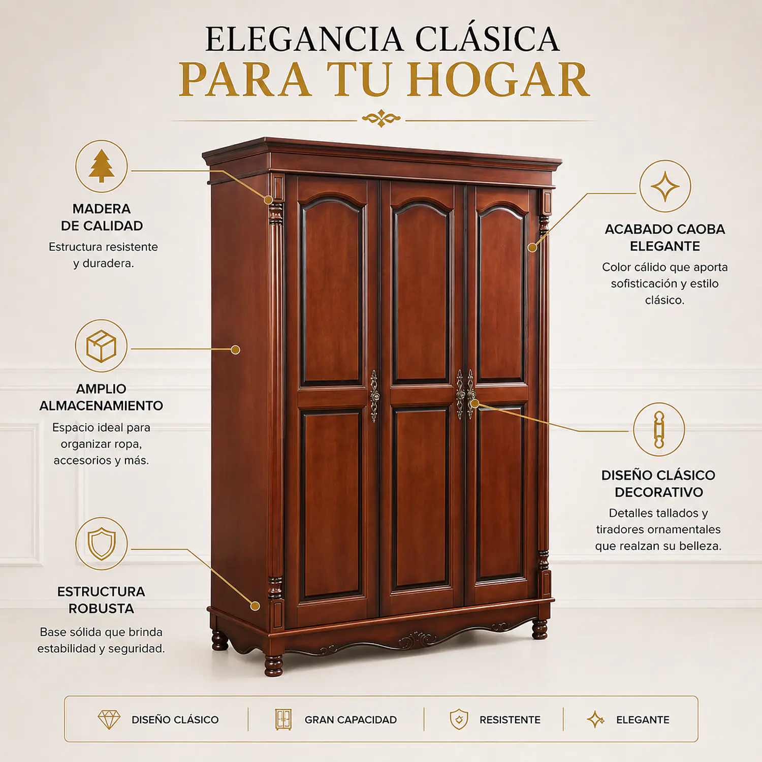 Clóset Clásico de Caoba 3 Puertas de Madera 2