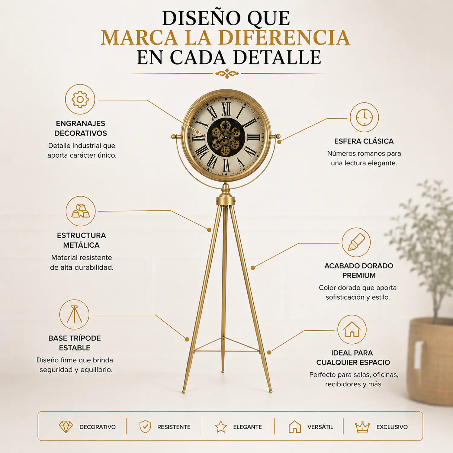 Reloj de Pie Dorado Vintage con Engranajes 2