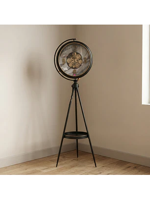 Reloj de Pie Negro con Repisa y Engranajes Decorativos