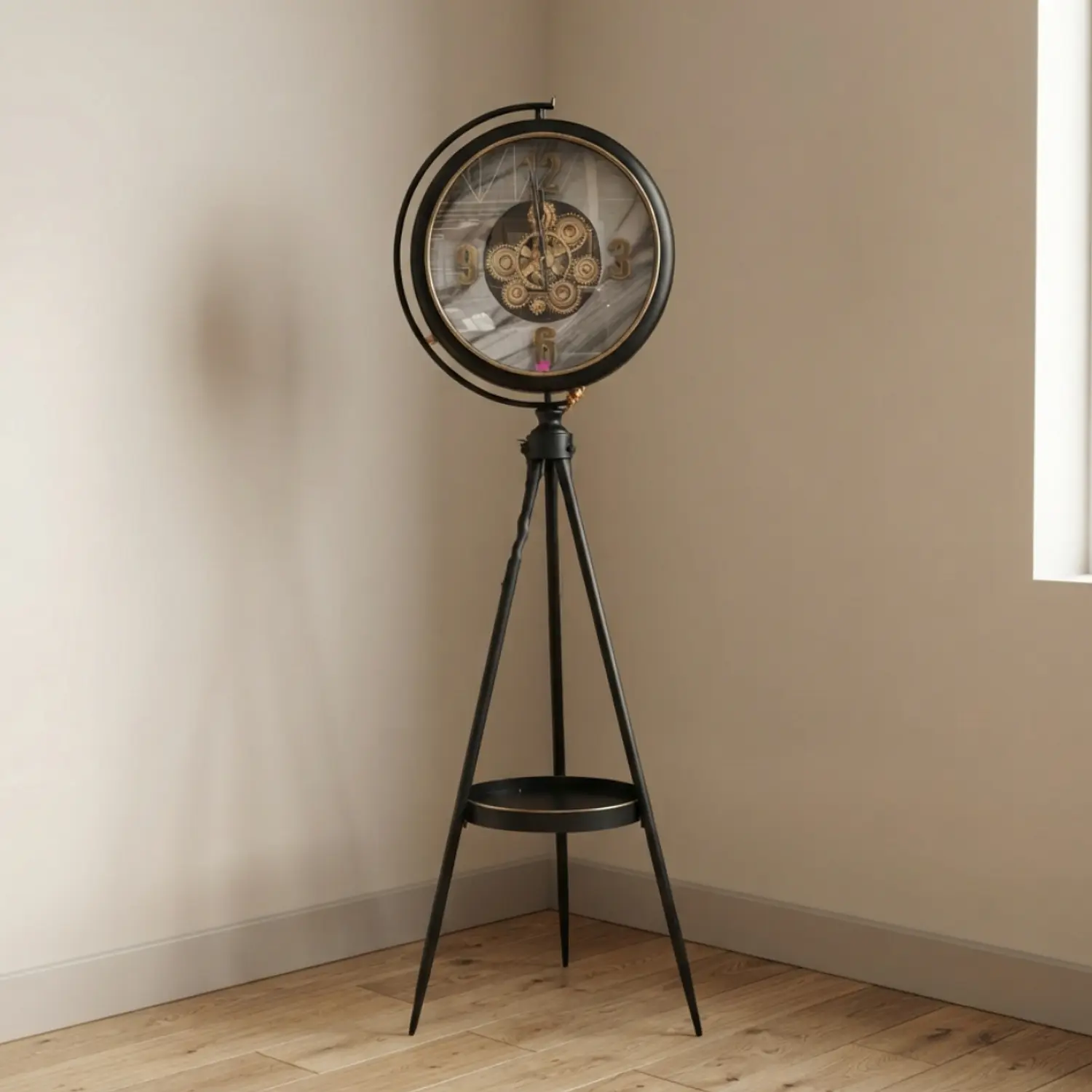 Reloj de Pie Negro con Repisa y Engranajes Decorativos 1