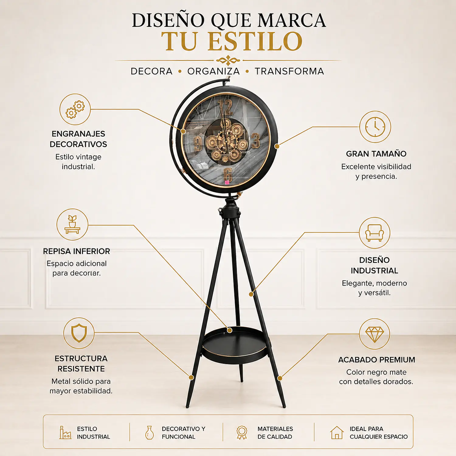 Reloj de Pie Negro con Repisa y Engranajes Decorativos 2