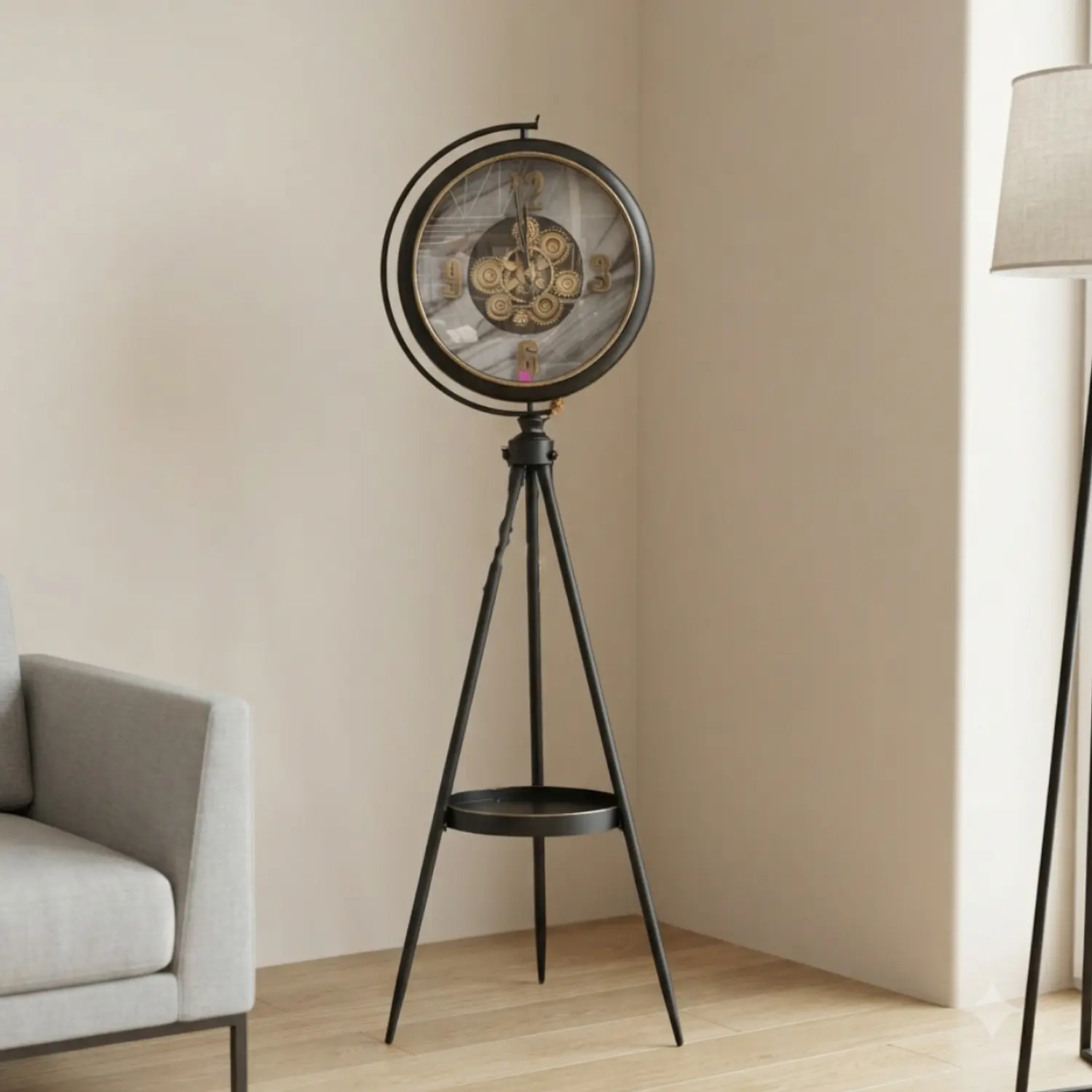 Reloj de Pie Negro con Repisa y Engranajes Decorativos 3