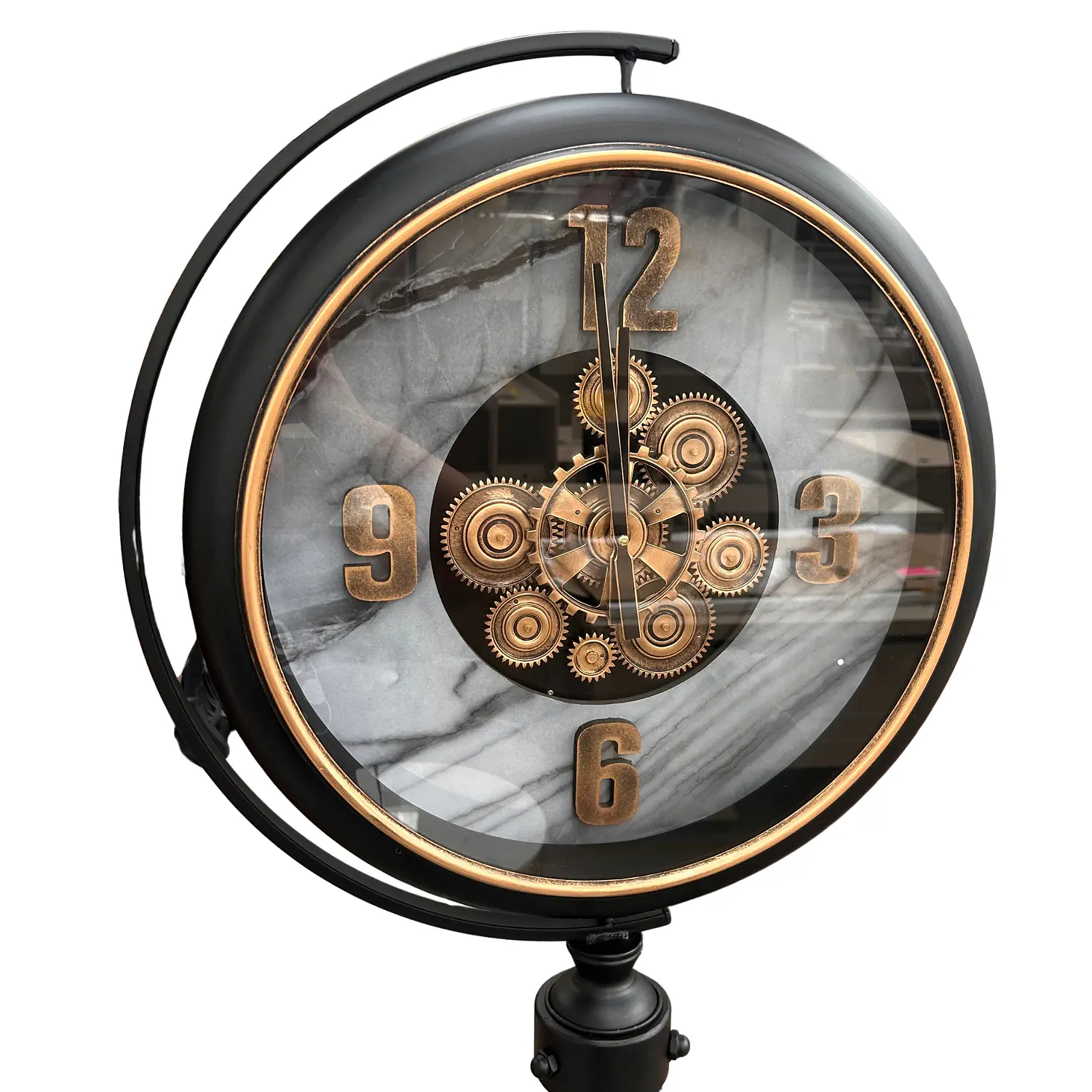 Reloj de Pie Negro con Repisa y Engranajes Decorativos 6