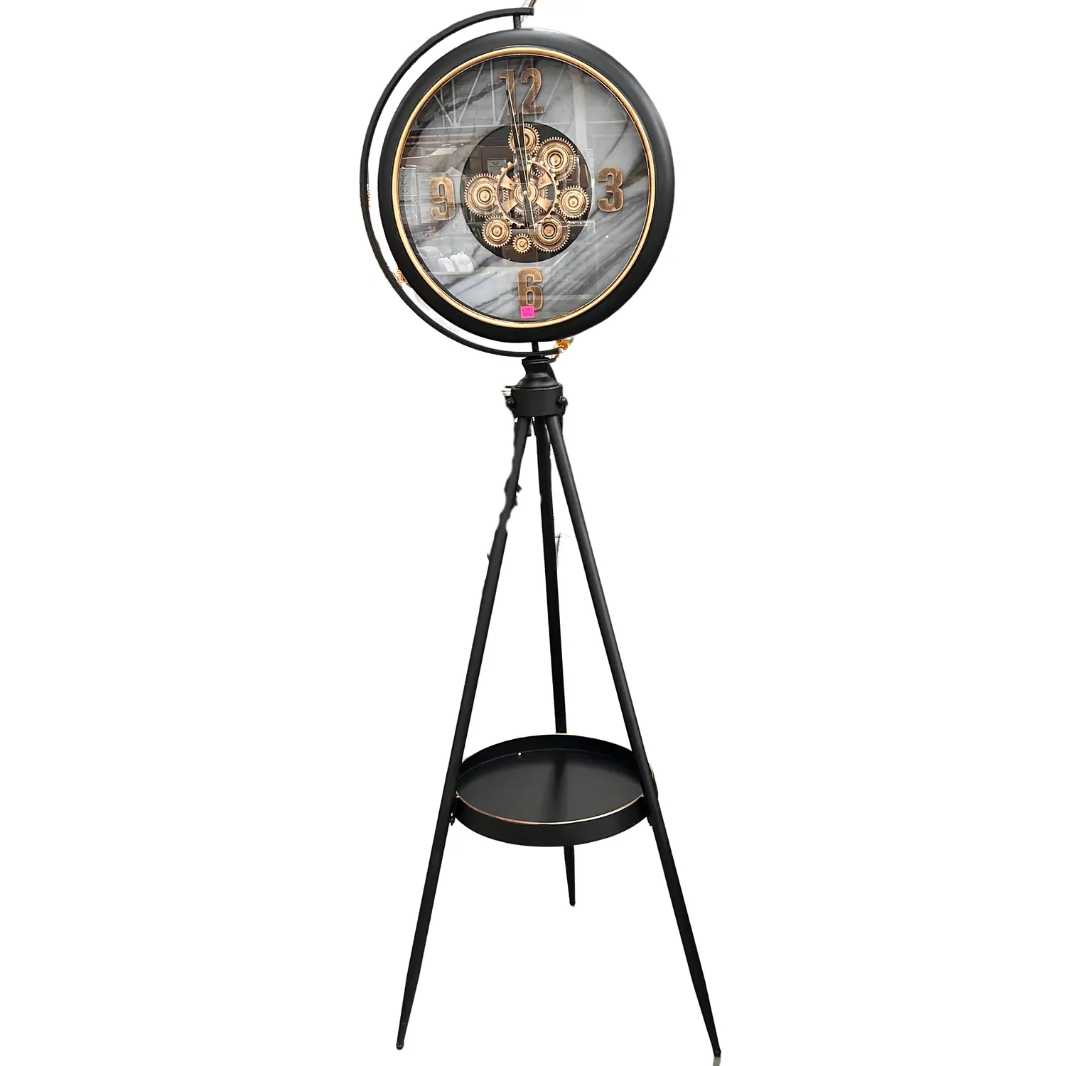 Reloj de Pie Negro con Repisa y Engranajes Decorativos 7